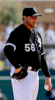 GLENDALE, AZ - MARCH 11:  Mark Buehrle #56 of the Chicago White Sox pitches during the spring training baseball game against Chicago Cubs at Camelback Ranch on March 11, 2011 in Glendale, Arizona.  (Photo by Kevork Djansezian/Getty Images)