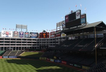 ARLINGTON, TX - NOVEMBER 01: General view of Rangers Ballpark before Game Five of the 2010 MLB World Series between the San Francisco Giants and the Texas Rangers on November 1, 2010 in Arlington, Texas. The Giants defeated the Rangers 3-1 to win the W ARLINGTON, TX - NOVEMBER 01: General view of Rangers Ballpark before Game Five of the 2010 MLB World Series between the San Francisco Giants and the Texas Rangers on November 1, 2010 in Arlington, Texas. The Giants defeated the Rangers 3-1 to win the W