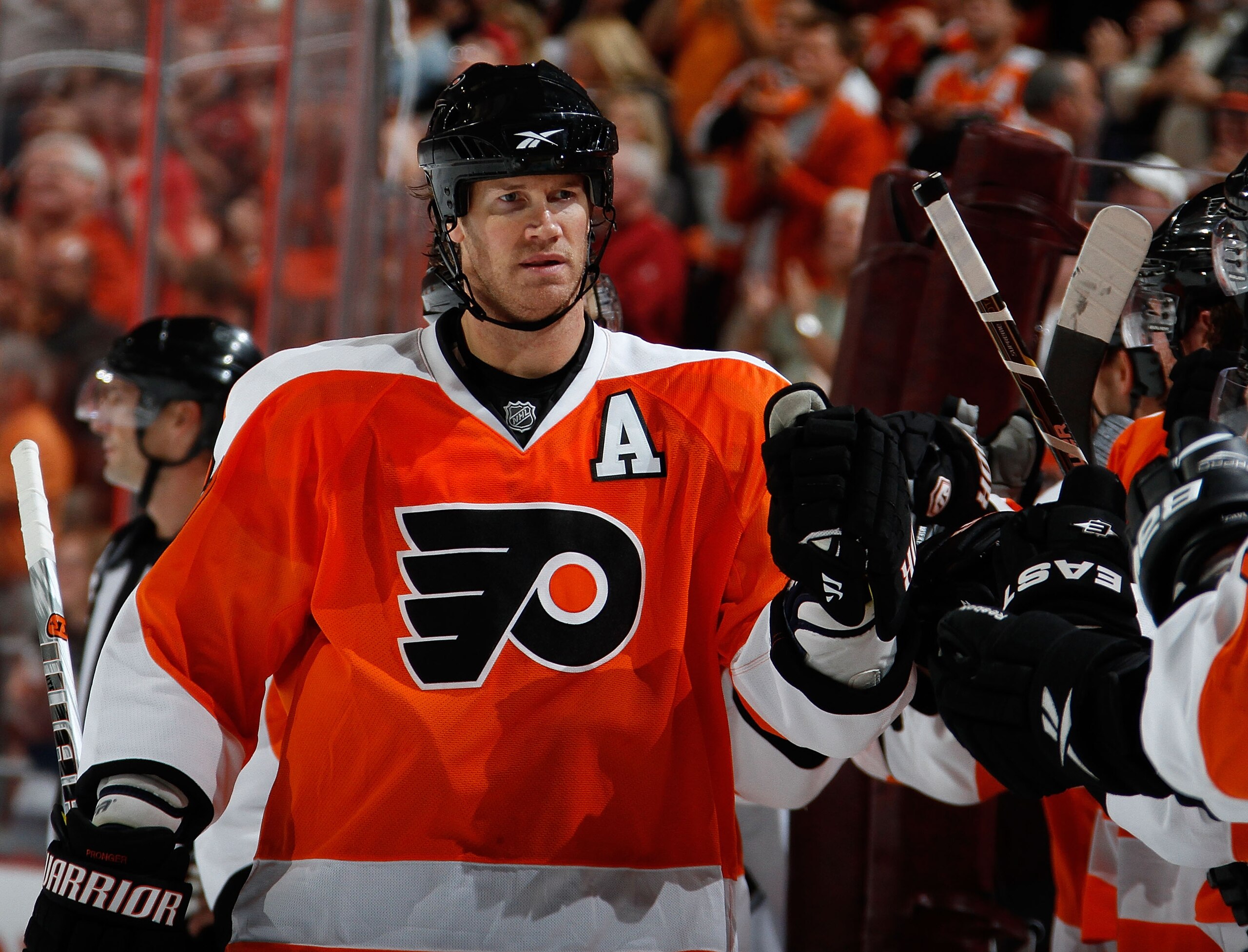 PHILADELPHIA - OCTOBER 11: Chris Pronger #20 of the Philadelphia Flyers celebrates a Flyers goal against the Colorado Avalanche in a hockey game at the Wells Fargo Center on October 11, 2010 in Philadelphia, Pennsylvania. (Photo by Paul Bereswill/Getty PHILADELPHIA - OCTOBER 11: Chris Pronger #20 of the Philadelphia Flyers celebrates a Flyers goal against the Colorado Avalanche in a hockey game at the Wells Fargo Center on October 11, 2010 in Philadelphia, Pennsylvania. (Photo by Paul Bereswill/Getty
