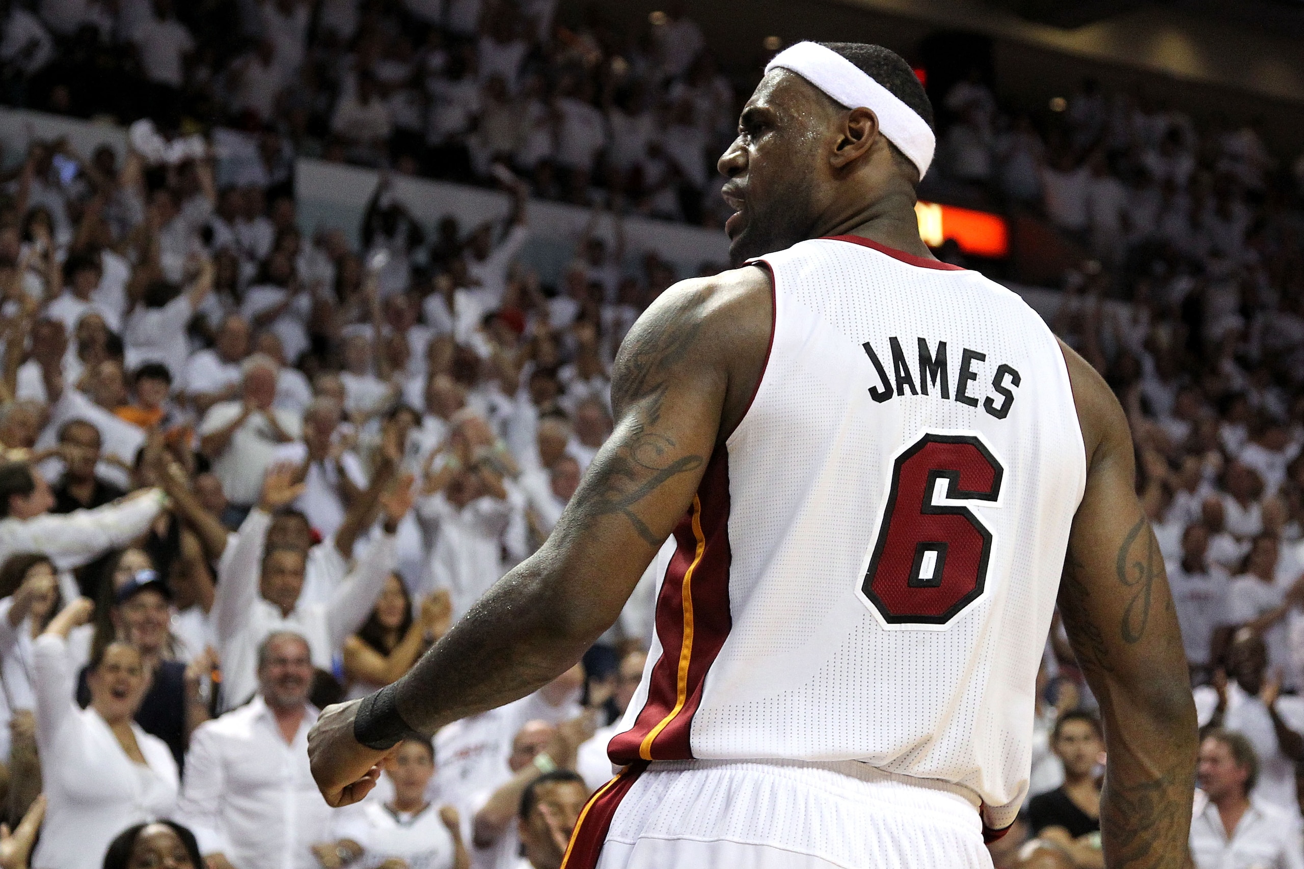 MIAMI, FL - MAY 22:  LeBron James #6 of the Miami Heat reacts against the Chicago Bulls in Game Three of the Eastern Conference Finals during the 2011 NBA Playoffs on May 22, 2011 at American Airlines Arena in Miami, Florida.  NOTE TO USER: User expressly