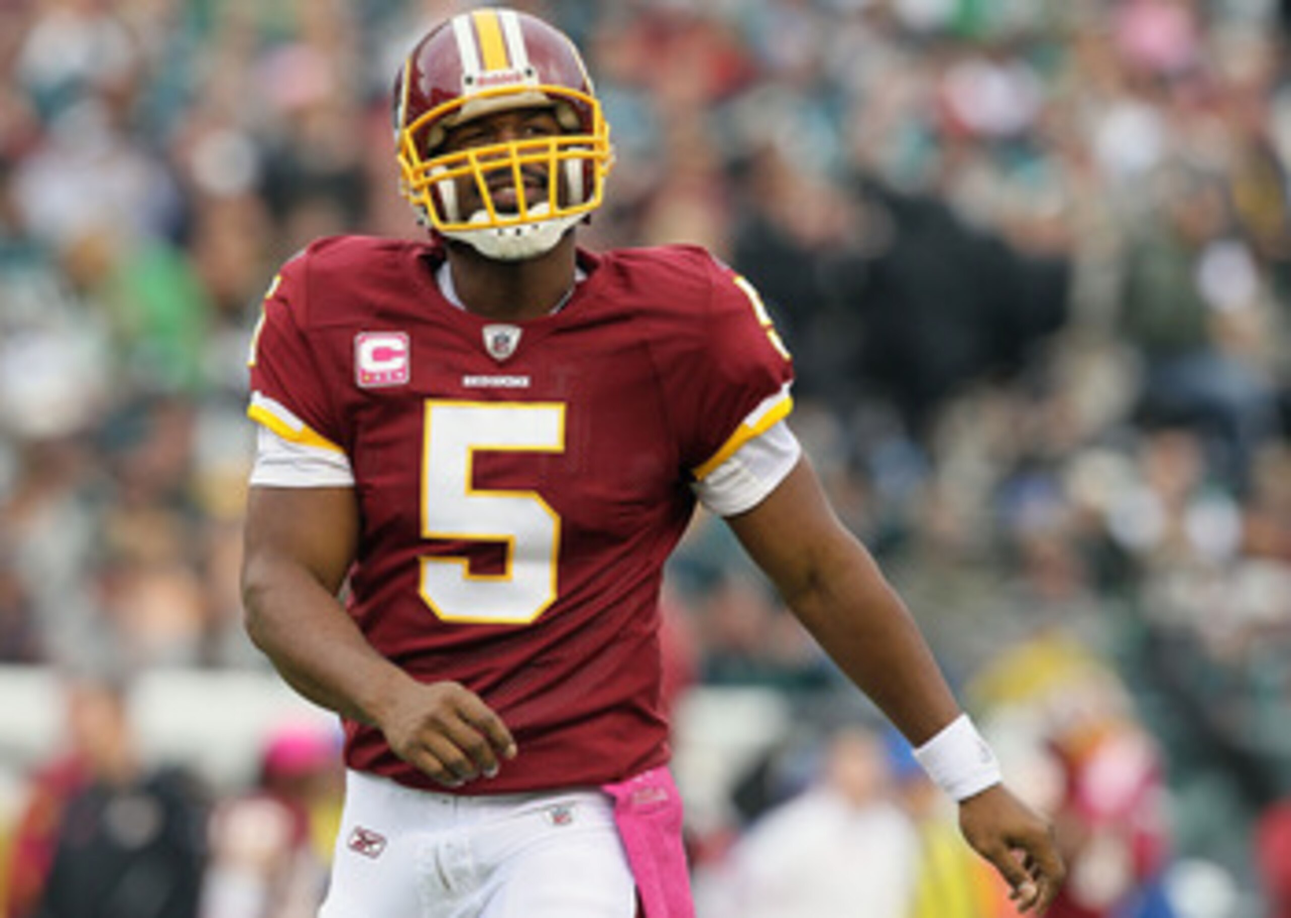PHILADELPHIA - OCTOBER 03: Donovan McNabb #5 of the Washington Redskins looks on against the Philadelphia Eagles on October 3, 2010 at Lincoln Financial Field in Philadelphia, Pennsylvania. (Photo by Jim McIsaac/Getty Images) PHILADELPHIA - OCTOBER 03: Donovan McNabb #5 of the Washington Redskins looks on against the Philadelphia Eagles on October 3, 2010 at Lincoln Financial Field in Philadelphia, Pennsylvania. (Photo by Jim McIsaac/Getty Images)