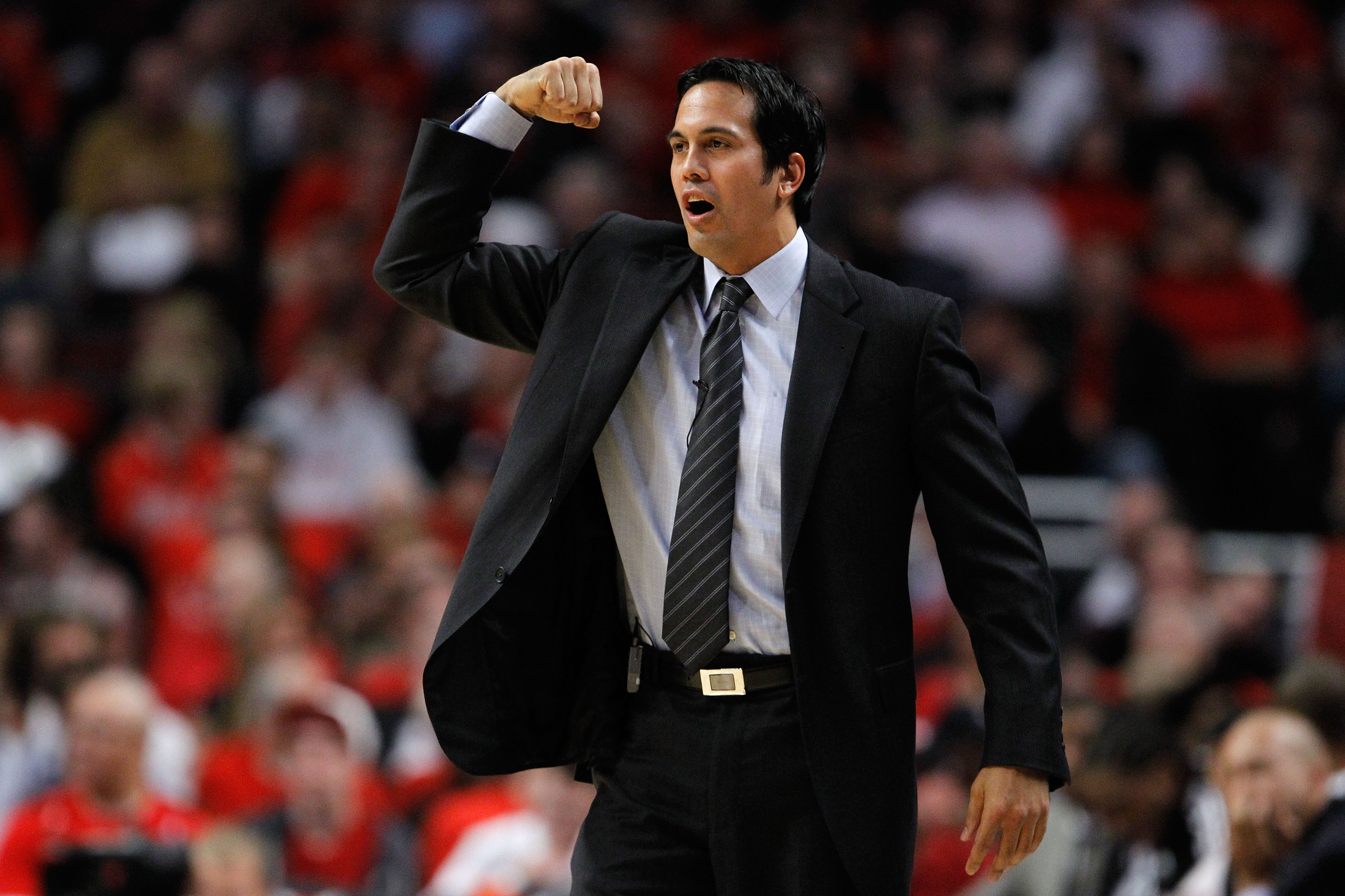 CHICAGO, IL - MAY 18:  Head coach Erik Spoelstra of the Miami Heat reacts against the Chicago Bulls in Game Two of the Eastern Conference Finals during the 2011 NBA Playoffs on May 18, 2011 at the United Center in Chicago, Illinois. NOTE TO USER: User exp