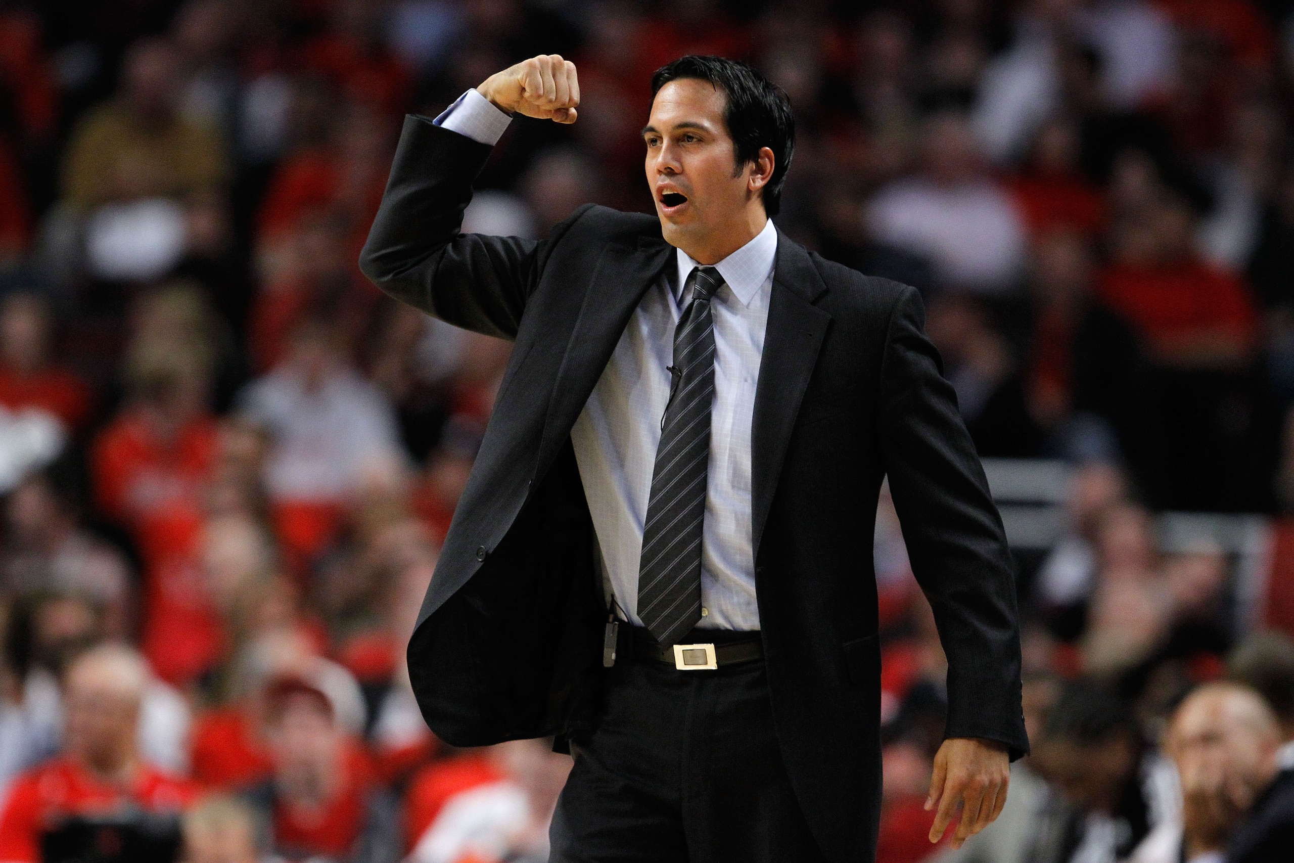 CHICAGO, IL - MAY 18:  Head coach Erik Spoelstra of the Miami Heat reacts against the Chicago Bulls in Game Two of the Eastern Conference Finals during the 2011 NBA Playoffs on May 18, 2011 at the United Center in Chicago, Illinois. NOTE TO USER: User exp