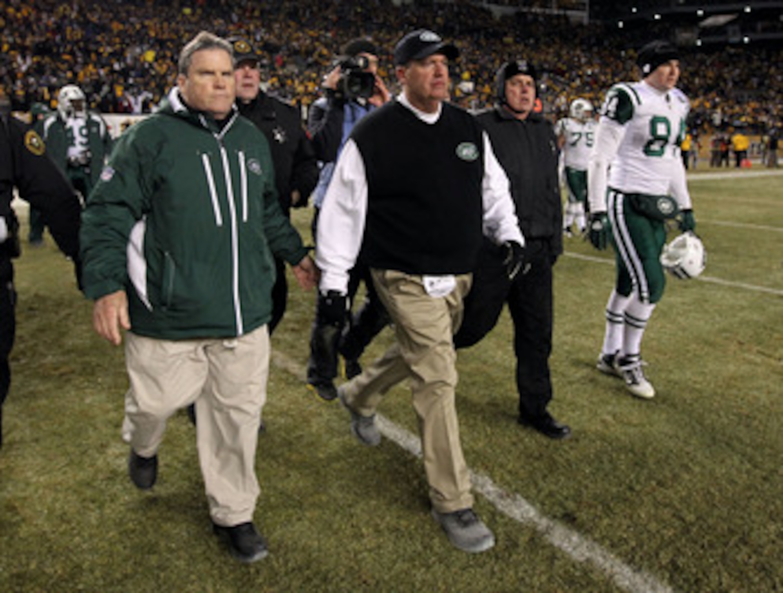 PITTSBURGH, PA - JANUARY 23:  Head coach Rex Ryan of the New York Jets walks off of the field dejected after their 24 to 19 loss to the Pittsburgh Steelers in the 2011 AFC Championship game at Heinz Field on January 23, 2011 in Pittsburgh, Pennsylvania.  