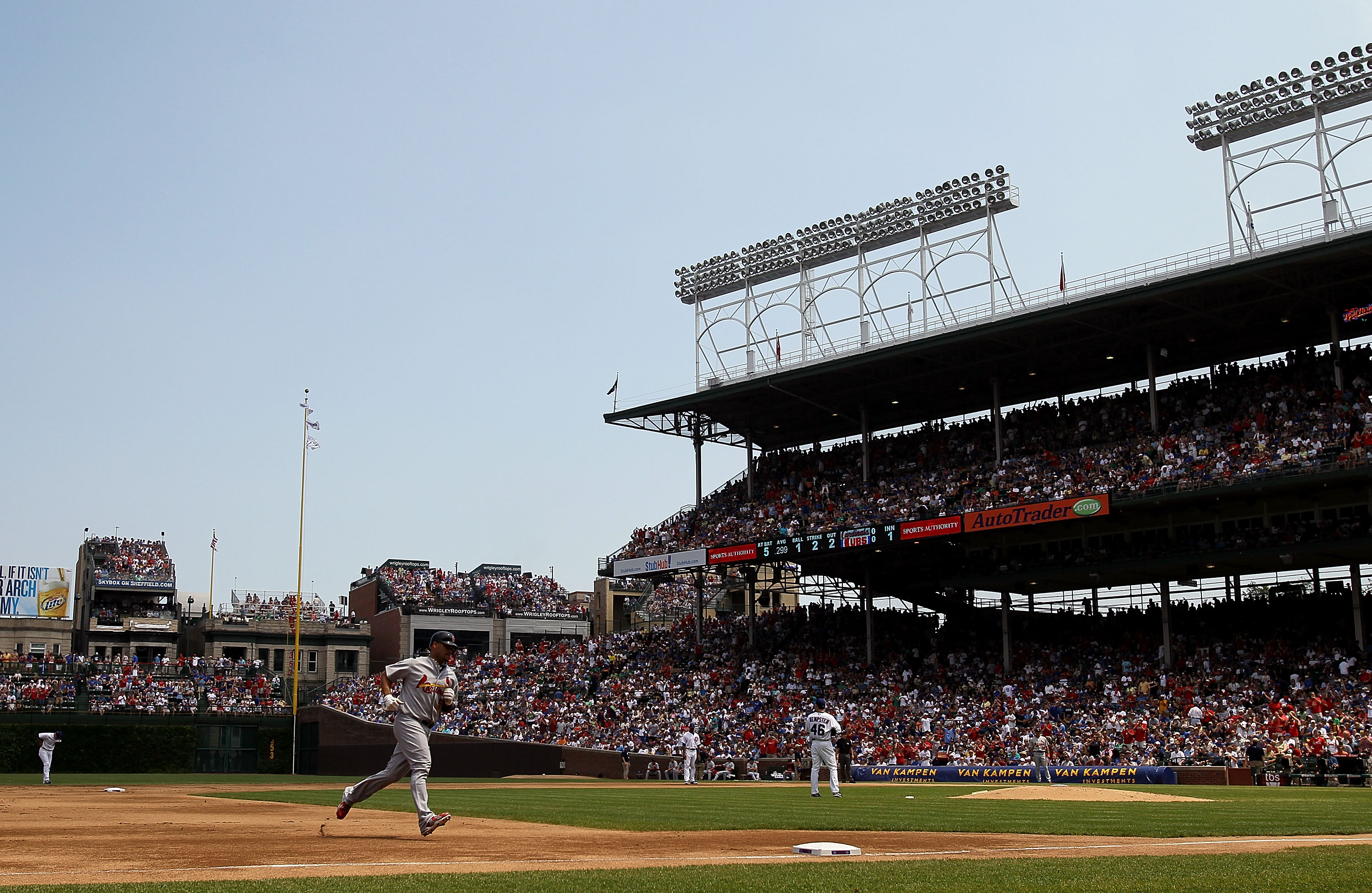 CHICAGO - MAY 30:  Albert Pujols #5 of the St. Louis Cardinals runs the bases after his first inning home run against Ryan Dempster #46 of the Chicago Cubs on May 30, 2010 at Wrigley Field in Chicago, Illinois.  (Photo by Jim McIsaac/Getty Images)