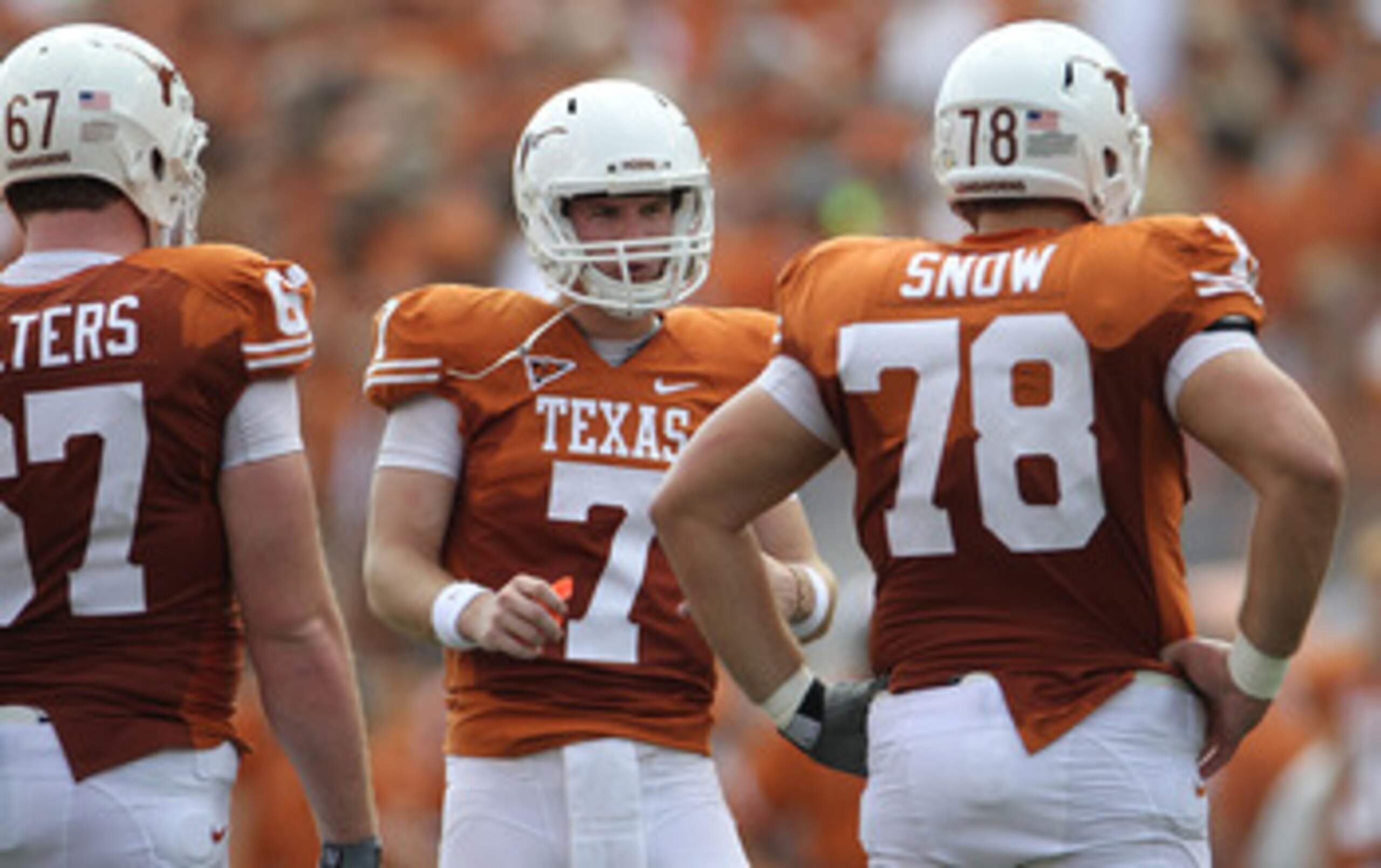 AUSTIN, TX - SEPTEMBER 25: Quarterback Garrett Gilbert #7 of the Texas Longhorns at Darrell K Royal-Texas Memorial Stadium on September 25, 2010 in Austin, Texas. (Photo by Ronald Martinez/Getty Images) AUSTIN, TX - SEPTEMBER 25: Quarterback Garrett Gilbert #7 of the Texas Longhorns at Darrell K Royal-Texas Memorial Stadium on September 25, 2010 in Austin, Texas. (Photo by Ronald Martinez/Getty Images)