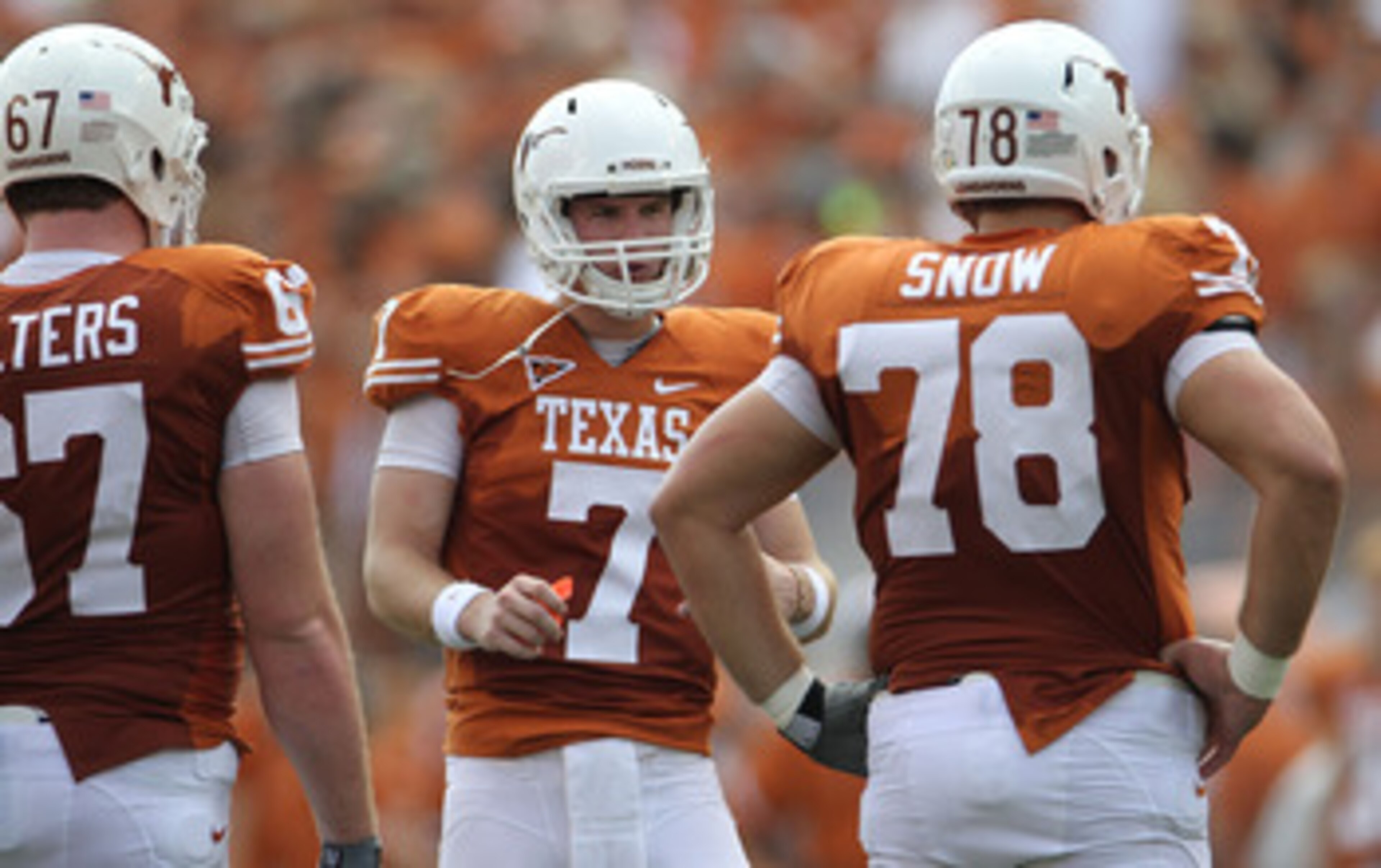 AUSTIN, TX - SEPTEMBER 25:  Quarterback Garrett Gilbert #7 of the Texas Longhorns at Darrell K Royal-Texas Memorial Stadium on September 25, 2010 in Austin, Texas.  (Photo by Ronald Martinez/Getty Images)