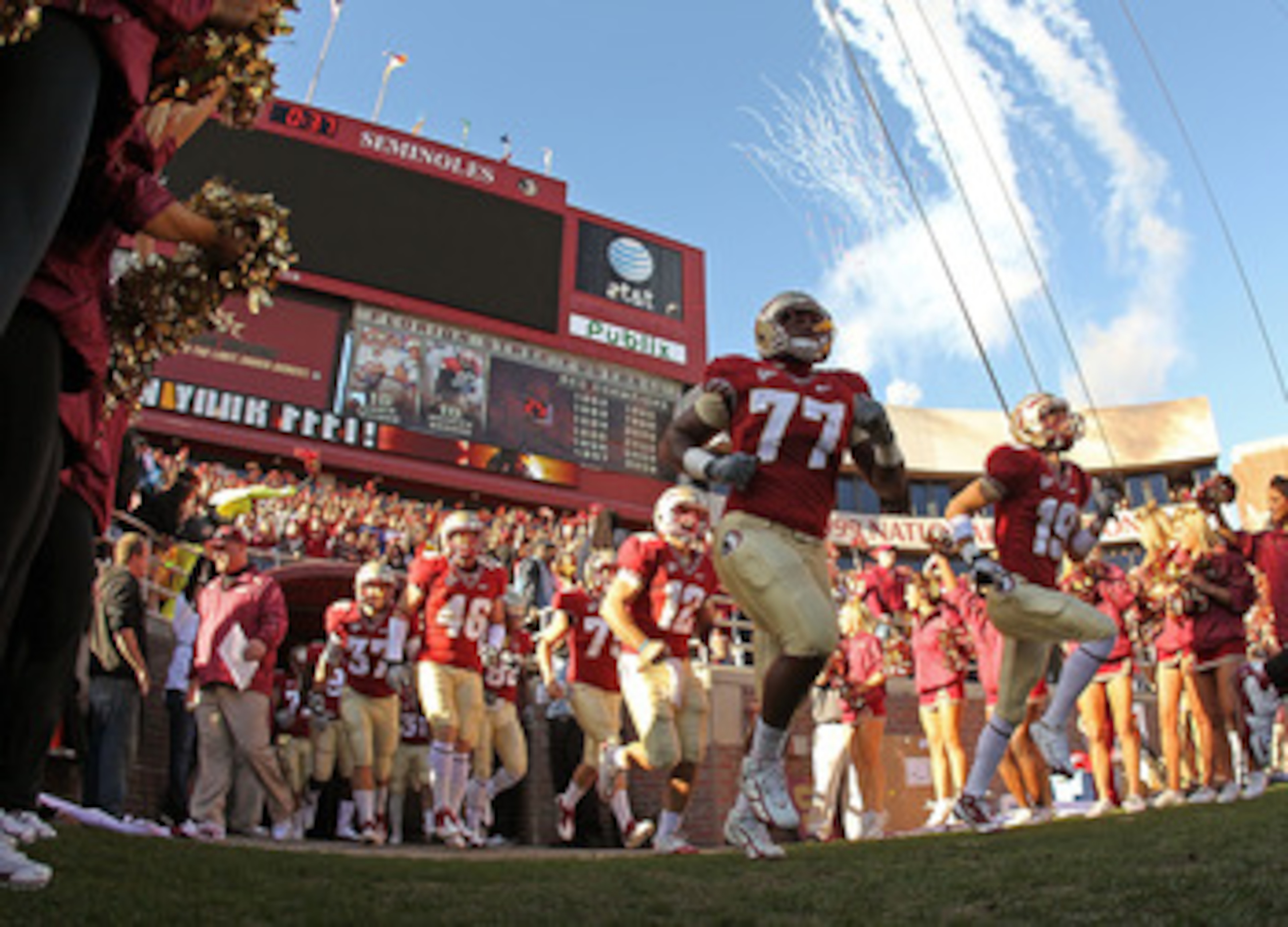 TALLAHASSEE, FL - NOVEMBER 27:  The Florida State Seminoles run out of the tunnel during a game against the Florida Gators at Doak Campbell Stadium on November 27, 2010 in Tallahassee, Florida.  (Photo by Mike Ehrmann/Getty Images)