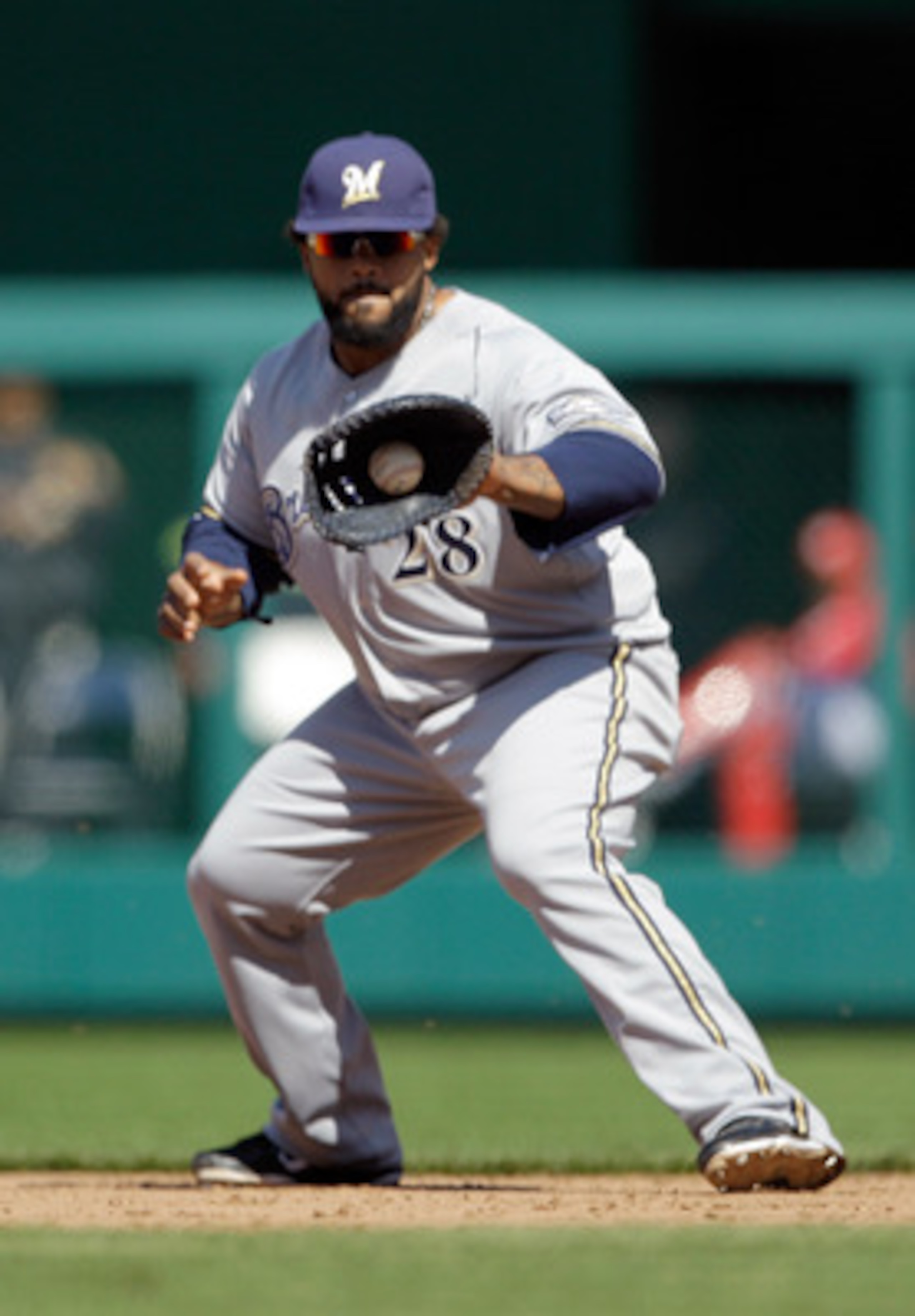 WASHINGTON, DC - APRIL 17:  Prince Fielder #28 of the Milwaukee Brewers in action against the Washington Nationals at Nationals Park on April 17, 2011 in Washington, DC.  (Photo by Rob Carr/Getty Images)