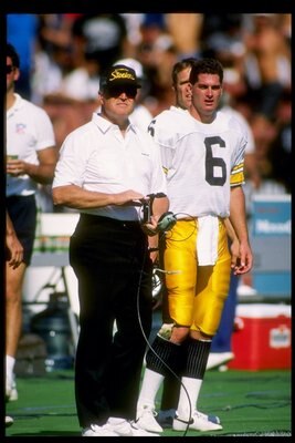 23 Sep 1990: Head coach Chuck Noll of the Pittsburgh Steelers looks on from the sidelines during a game against the Los Angeles Raiders. The Raiders won the game 20-3.