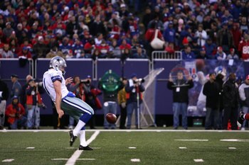 NEW JERSEY - NOVEMBER 11, 2007:  Mat McBriar #1 of the Dallas Cowboys punts the ball during the NFL game against the New York Giants at Giants Stadium on November 11, 2007 in Rutherford, New Jersey. (Photo by Al Bello/Getty Images)