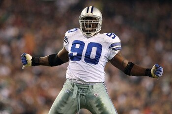 PHILADELPHIA - NOVEMBER 08:  Jay Ratliff #90 of the Dallas Cowboys reacts after he sacked Donovan McNabb #5 of the Philadelphia Eagles at Lincoln Financial Field on November 8, 2009 in Philadelphia, Pennsylvania.  (Photo by Al Bello/Getty Images)