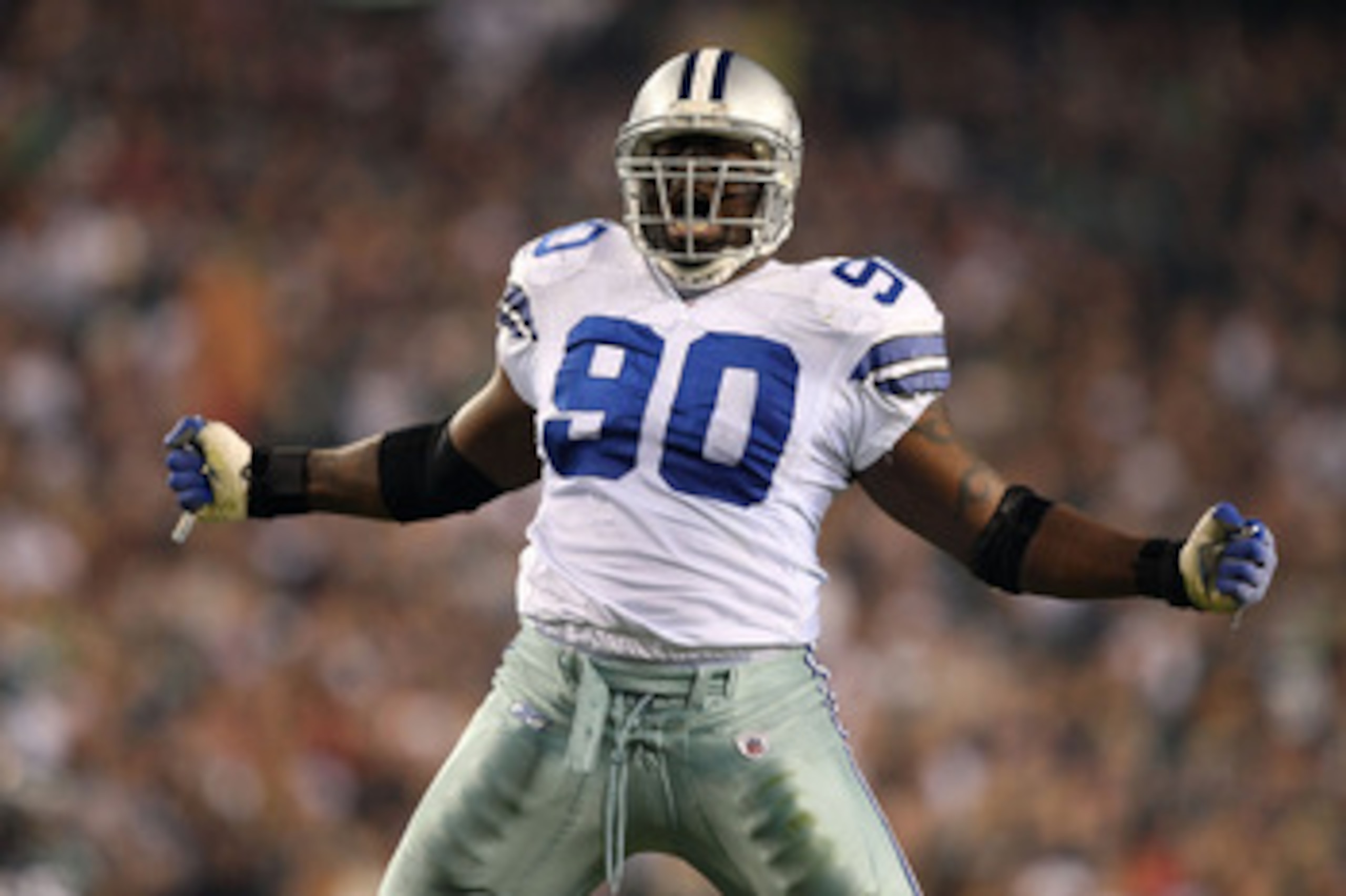 PHILADELPHIA - NOVEMBER 08:  Jay Ratliff #90 of the Dallas Cowboys reacts after he sacked Donovan McNabb #5 of the Philadelphia Eagles at Lincoln Financial Field on November 8, 2009 in Philadelphia, Pennsylvania.  (Photo by Al Bello/Getty Images)