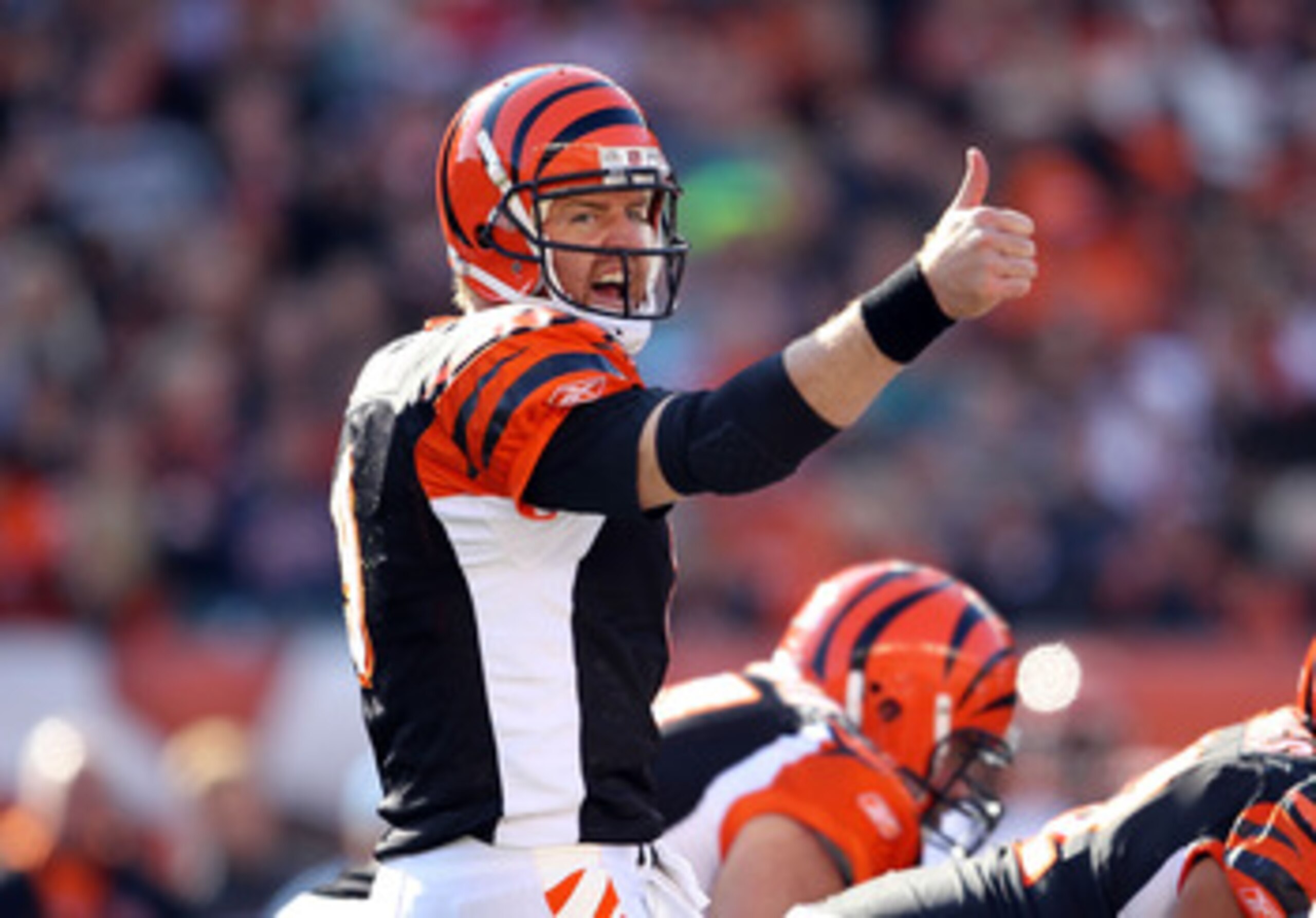 CINCINNATI - OCTOBER 31: Carson Palmer #9 of the Cincinnati Bengals gives instructions to his team during the NFL game against the Miami Dolphins at Paul Brown Stadium on October 31, 2010 in Cincinnati, Ohio. (Photo by Andy Lyons/Getty Images) CINCINNATI - OCTOBER 31: Carson Palmer #9 of the Cincinnati Bengals gives instructions to his team during the NFL game against the Miami Dolphins at Paul Brown Stadium on October 31, 2010 in Cincinnati, Ohio. (Photo by Andy Lyons/Getty Images)