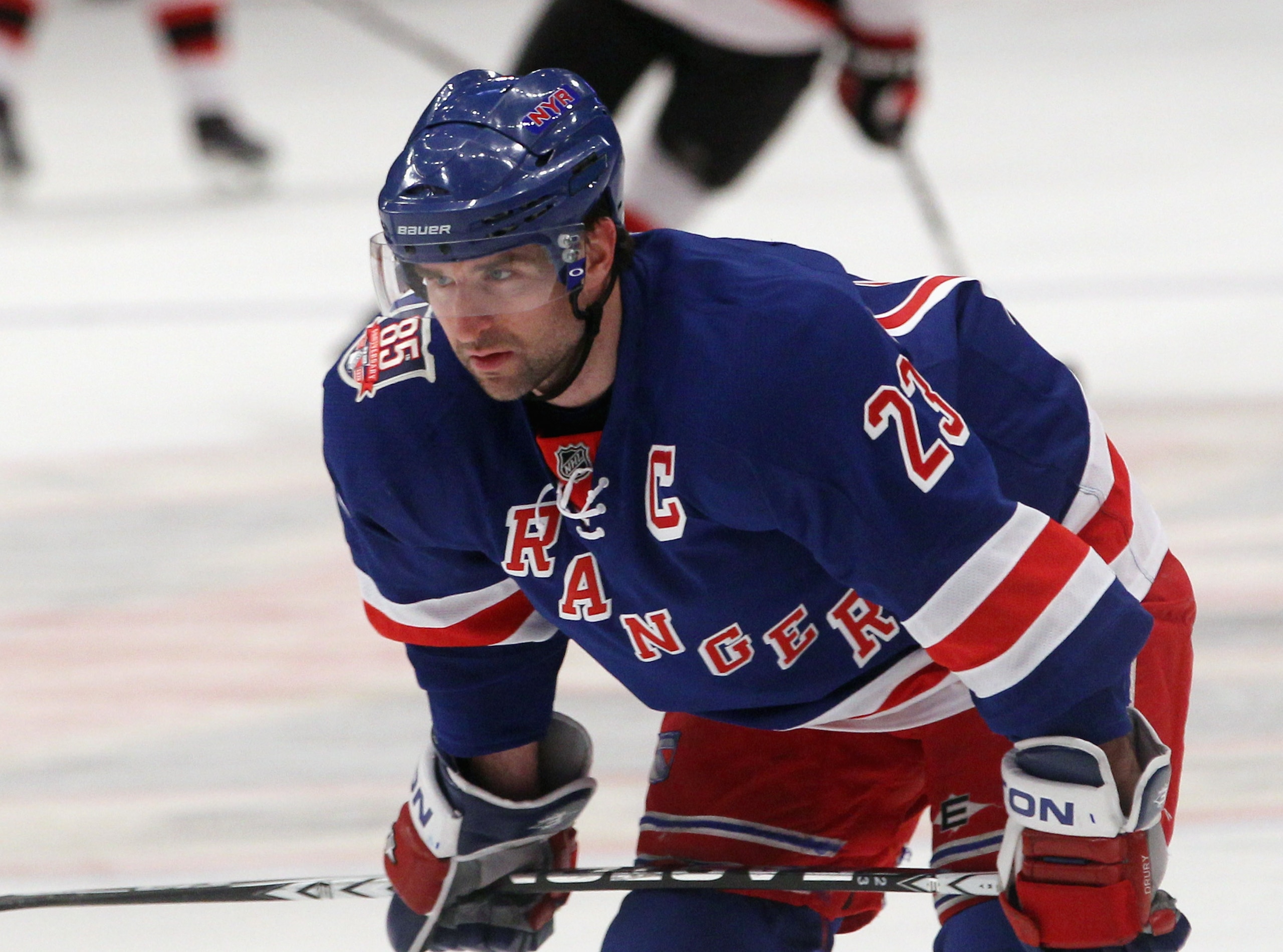 NEW YORK, NY - APRIL 09: Chris Drury #23 of the New York Rangers skates in warmups prior to the game against the New Jersey Devils at Madison Square Garden on April 9, 2011 in New York City.  (Photo by Jonathan Klein/Getty Images)
