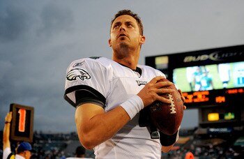 JACKSONVILLE, FL - SEPTEMBER 26:  Quarterback Kevin Kolb #4 of the Philadelphia Eagles warms-up on the sidelines while taking on the Jacksonville Jaguars at EverBank Field on September 26, 2010 in Jacksonville, Florida. The Eagles defeated the Jaguars 28-