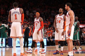 NEW YORK, NY - APRIL 24:  (L-R) Amar'e Stoudemire #1, Carmelo Anthony #7, Ronny Turiaf #14 and Landry Fields #6 of the New York Knicks look on against the Boston Celtics in Game Four of the Eastern Conference Quarterfinals during the 2011 NBA Playoffs on