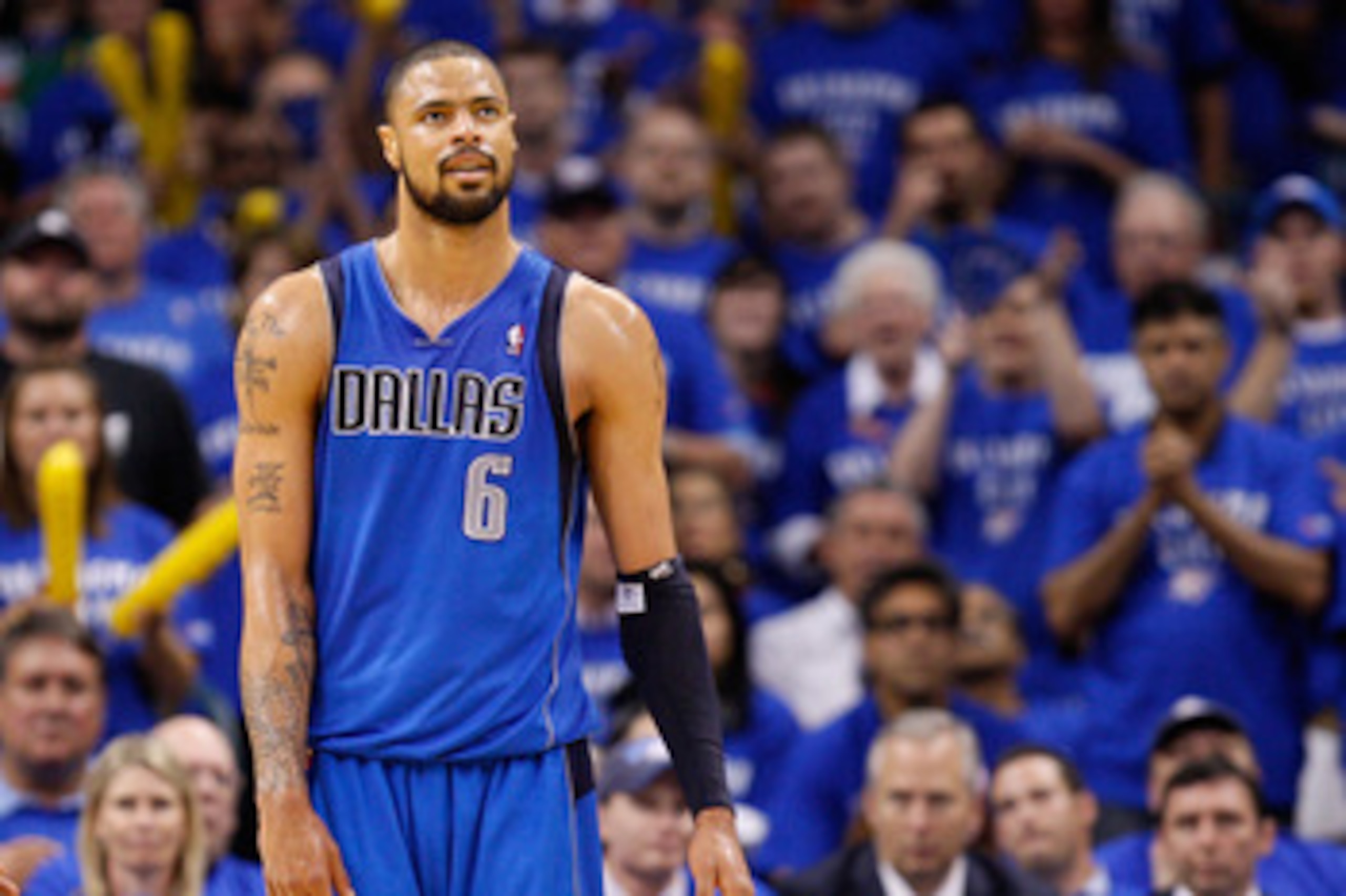 OKLAHOMA CITY, OK - MAY 23:  Tyson Chandler #6 of the Dallas Mavericks looks on in the third quarter while taking on the Oklahoma City Thunder in Game Four of the Western Conference Finals during the 2011 NBA Playoffs at Oklahoma City Arena on May 23, 201