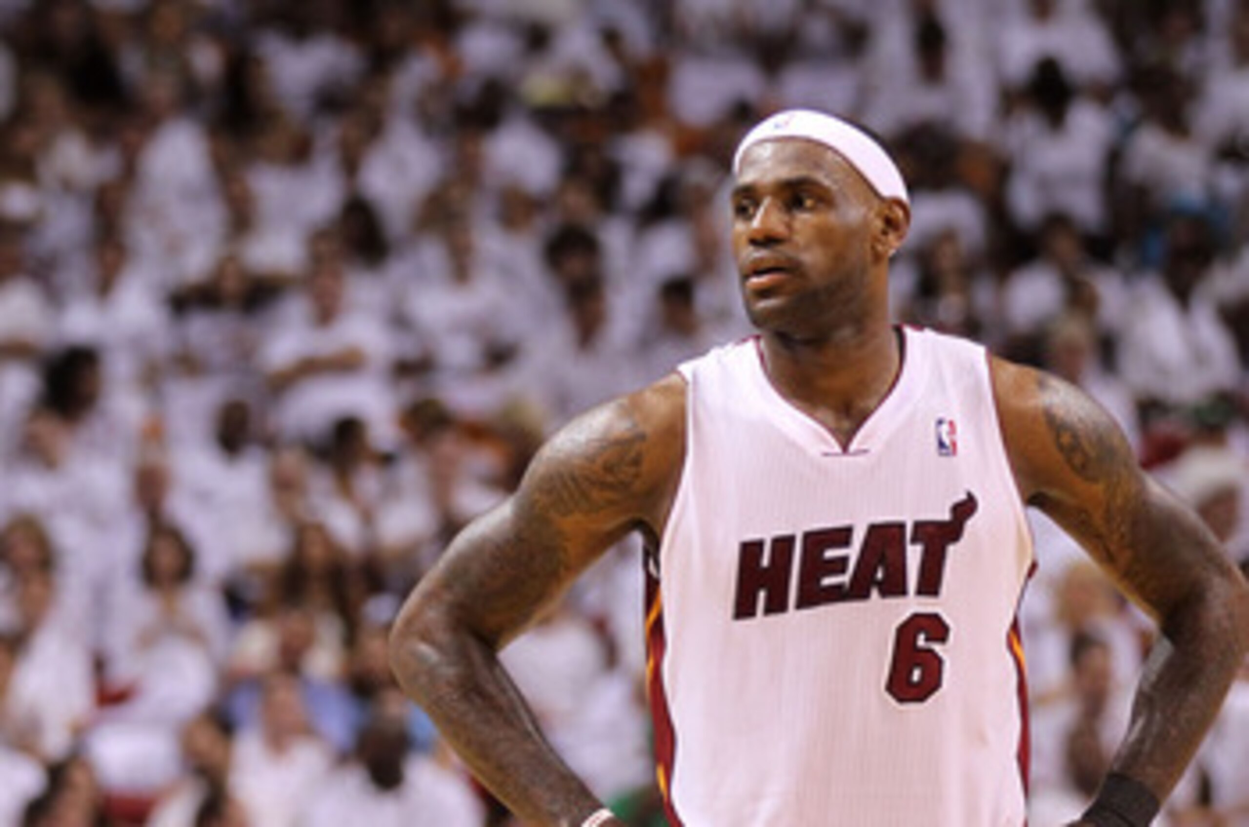 MIAMI, FL - MAY 22:  LeBron James #6 of the Miami Heat looks on against the Chicago Bulls in Game Three of the Eastern Conference Finals during the 2011 NBA Playoffs on May 22, 2011 at American Airlines Arena in Miami, Florida.  NOTE TO USER: User express