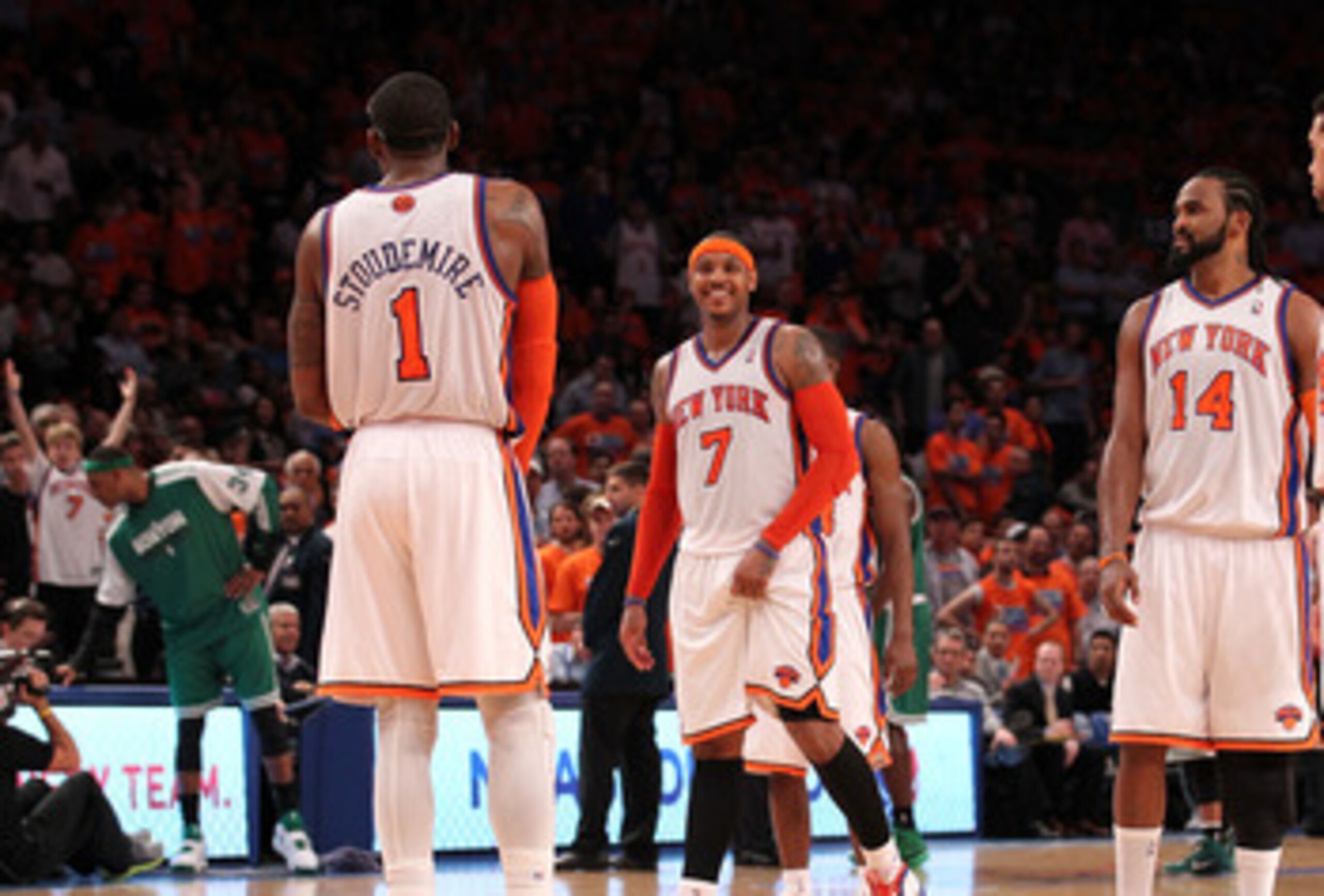 NEW YORK, NY - APRIL 24:  (L-R) Amar'e Stoudemire #1, Carmelo Anthony #7, Ronny Turiaf #14 and Landry Fields #6 of the New York Knicks look on against the Boston Celtics in Game Four of the Eastern Conference Quarterfinals during the 2011 NBA Playoffs on 