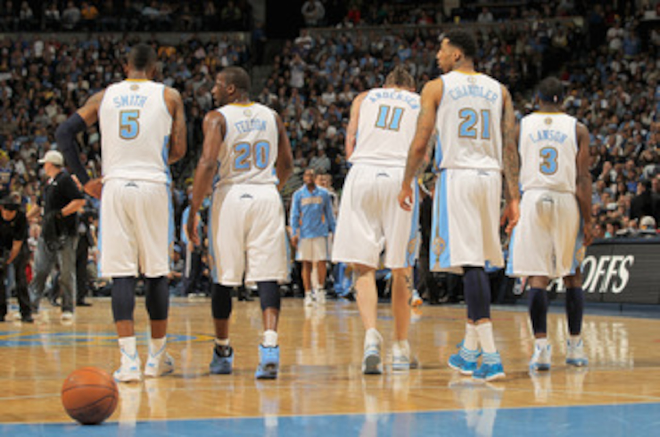 DENVER, CO - APRIL 23:  J.R. Smith #5, Raymond Felton #20, Chris Andersen #11, Wilson Chandler #21 and Ty Lawson #3 of the Denver Nuggets head to the bench during a time out against the Oklahoma City Thunder in Game Three of the Western Conference Quarter