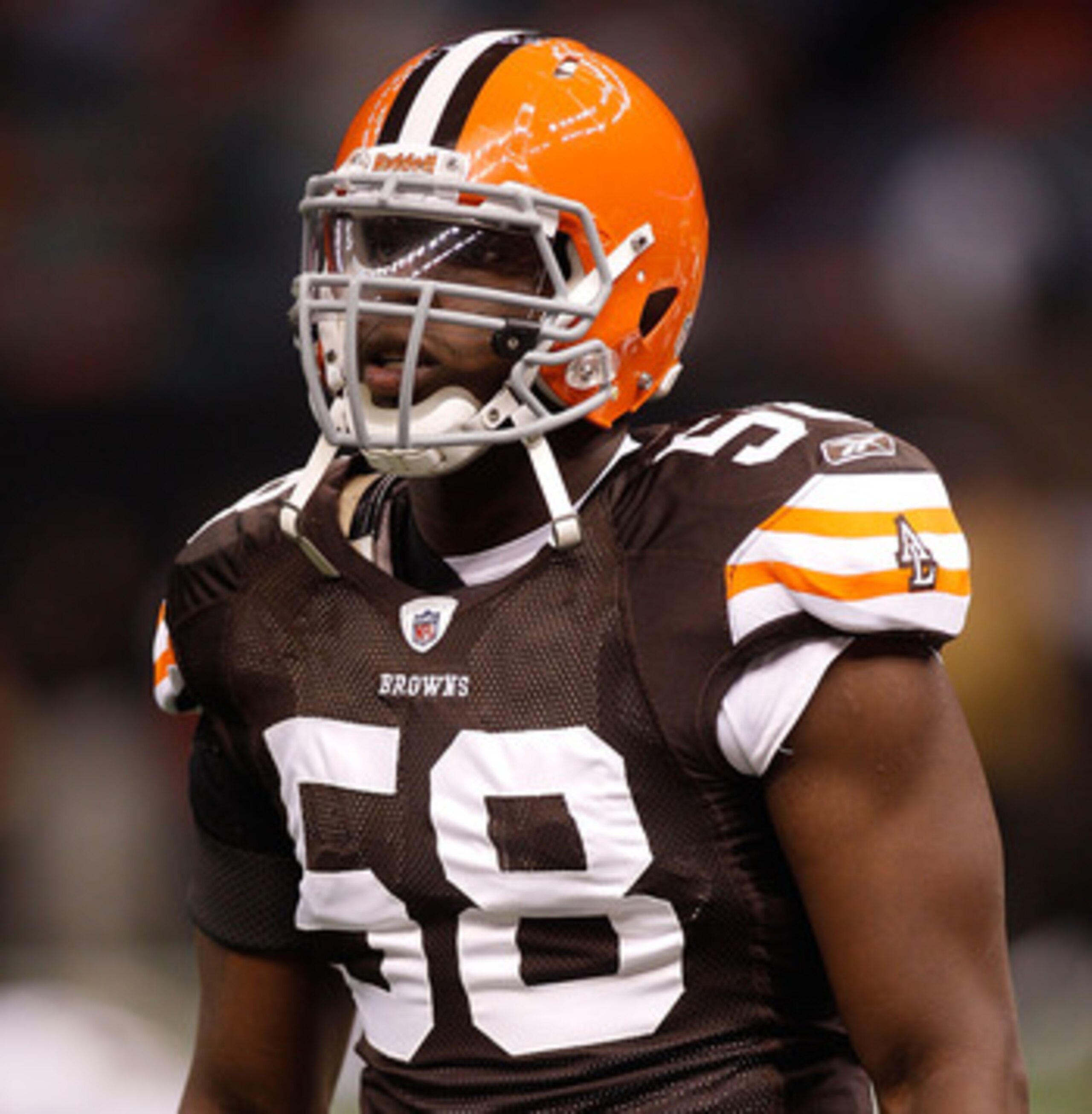 NEW ORLEANS - OCTOBER 24:  Marcus Bernard #58 of the Cleveland Browns in action against the New Orleans Saints at the Louisiana Superdome on October 24, 2010 in New Orleans, Louisiana.  (Photo by Chris Graythen/Getty Images)