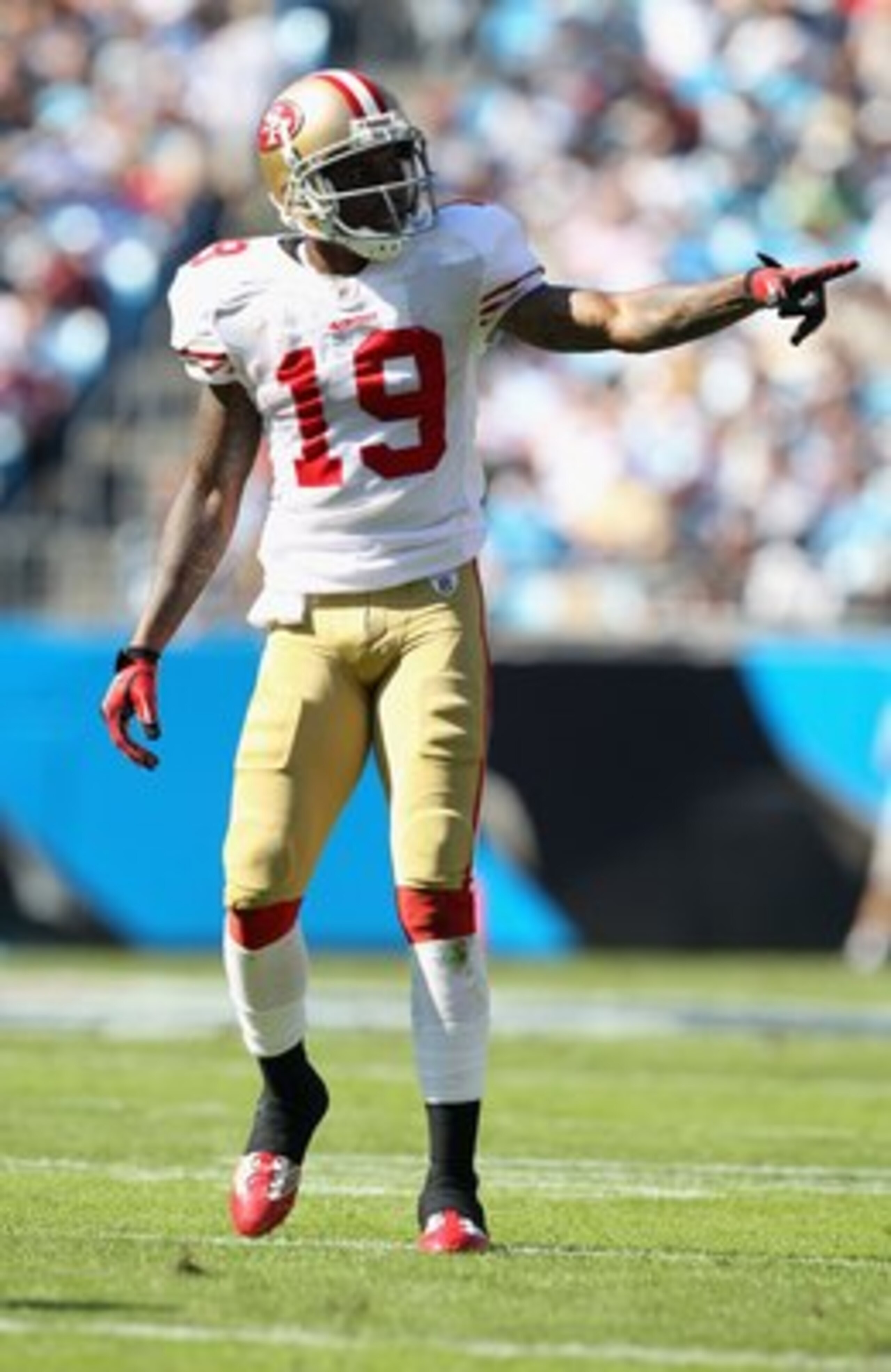 CHARLOTTE, NC - OCTOBER 24:  Ted Ginn #19 of the San Francisco 49ers against the Carolina Panthers during their game at Bank of America Stadium on October 24, 2010 in Charlotte, North Carolina.  (Photo by Streeter Lecka/Getty Images)