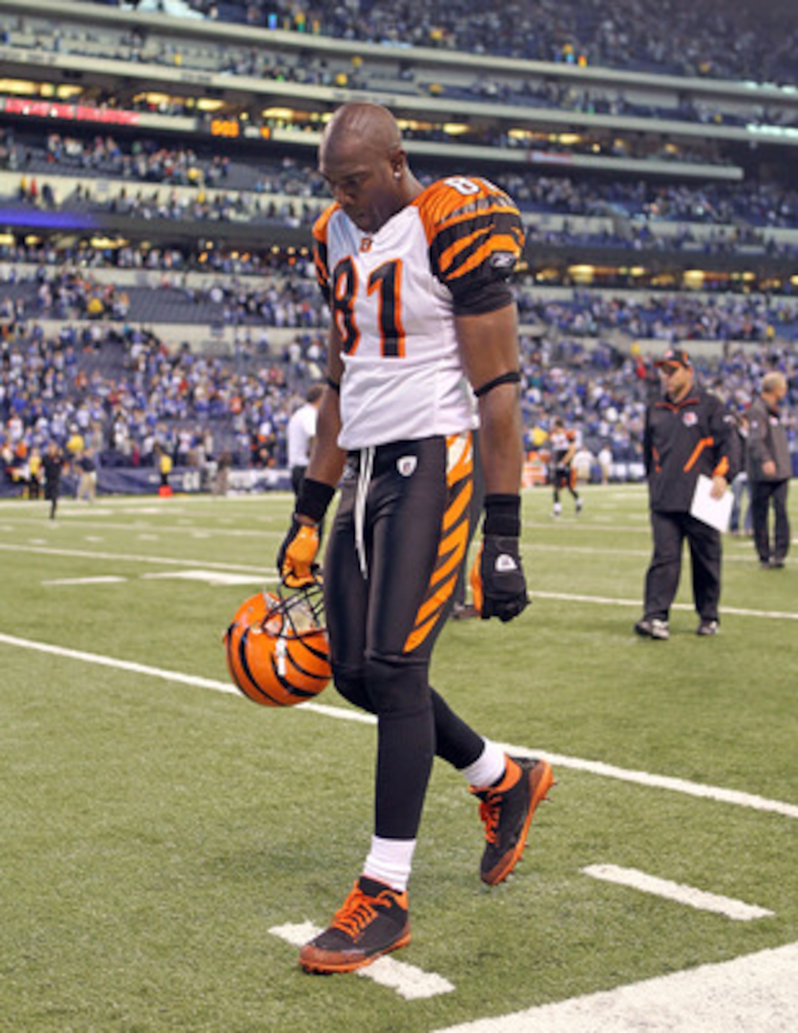 INDIANAPOLIS - NOVEMBER 14: Terrell Owens #81 of the Cincinnati Bengals walks off of the field following the Bengals 23-17 loss to the Indianapolis Colts in the NFL game at Lucas Oil Stadium on November 14, 2010 in Indianapolis, Indiana. The Colts won 23-