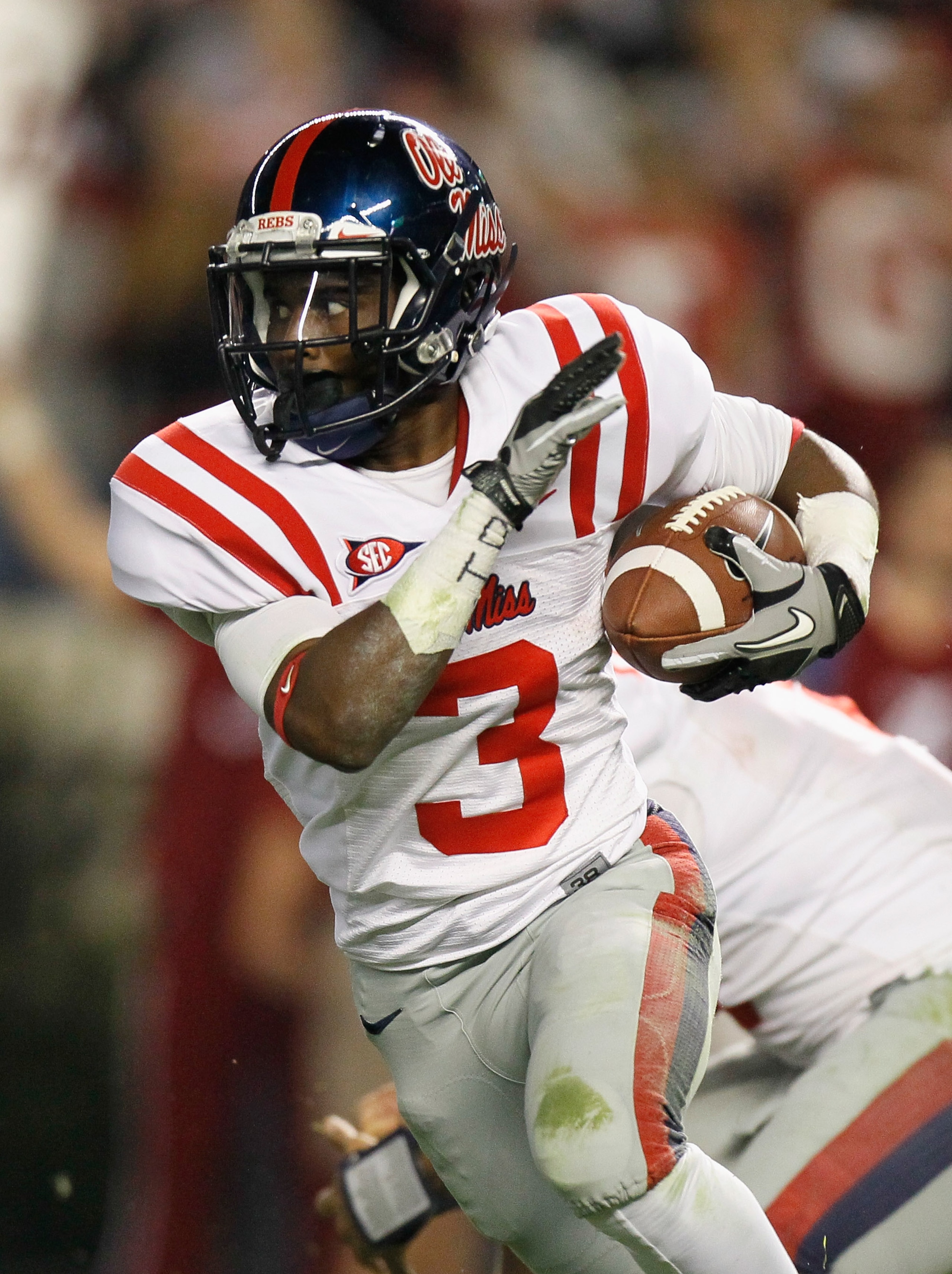TUSCALOOSA, AL - OCTOBER 16:  Jeff Scott #3 of the Ole Miss Rebels against the Alabama Crimson Tide at Bryant-Denny Stadium on October 16, 2010 in Tuscaloosa, Alabama.  (Photo by Kevin C. Cox/Getty Images)