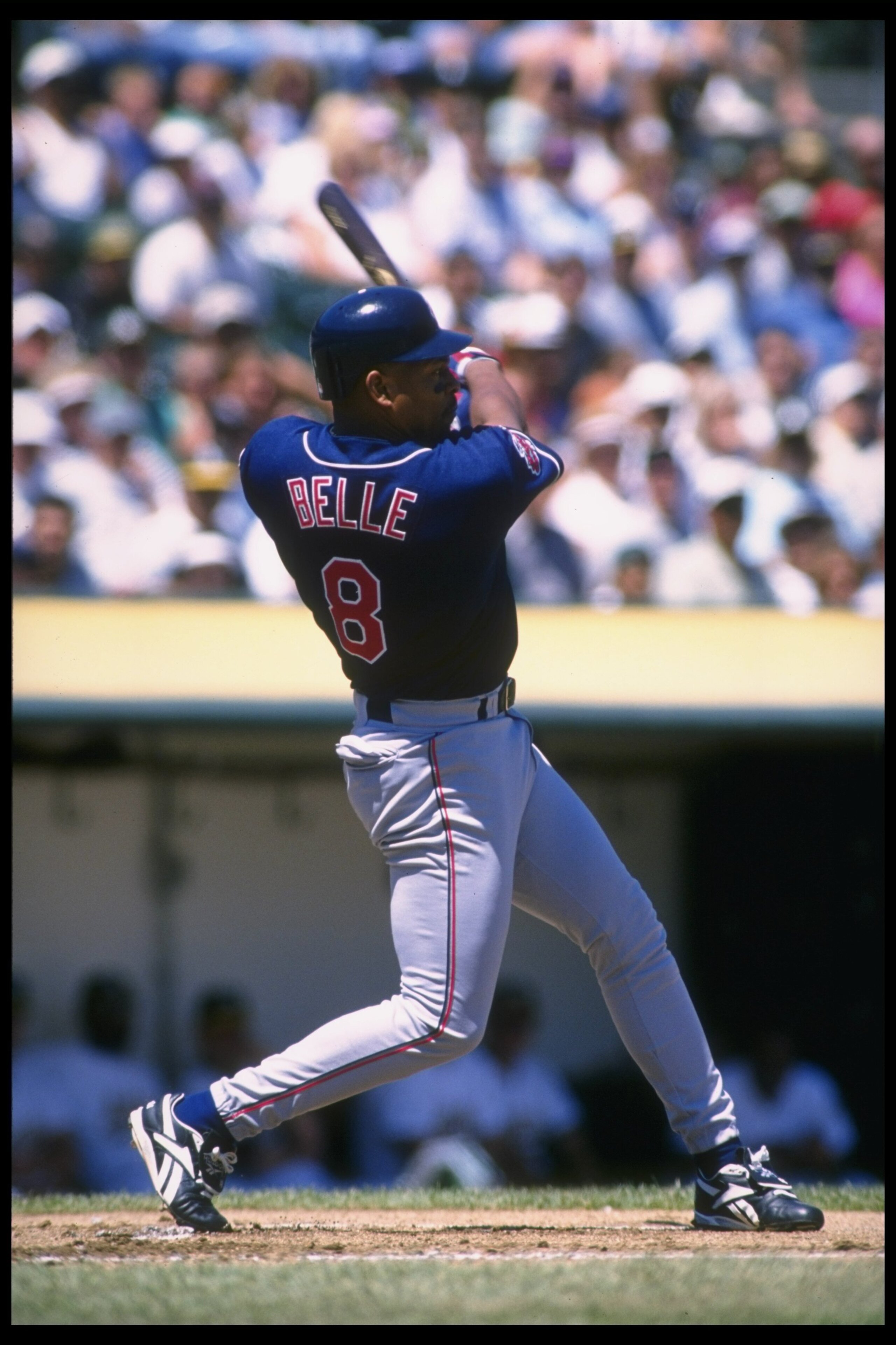 10 Aug 1996:  Rightfielder Albert Belle of the Cleveland Indians swings during a game against the Oakland Athletics at the Oakland Coliseum in Oakland, California.  The Athletics won the game, 5-1. Mandatory Credit: Otto Greule  /Allsport