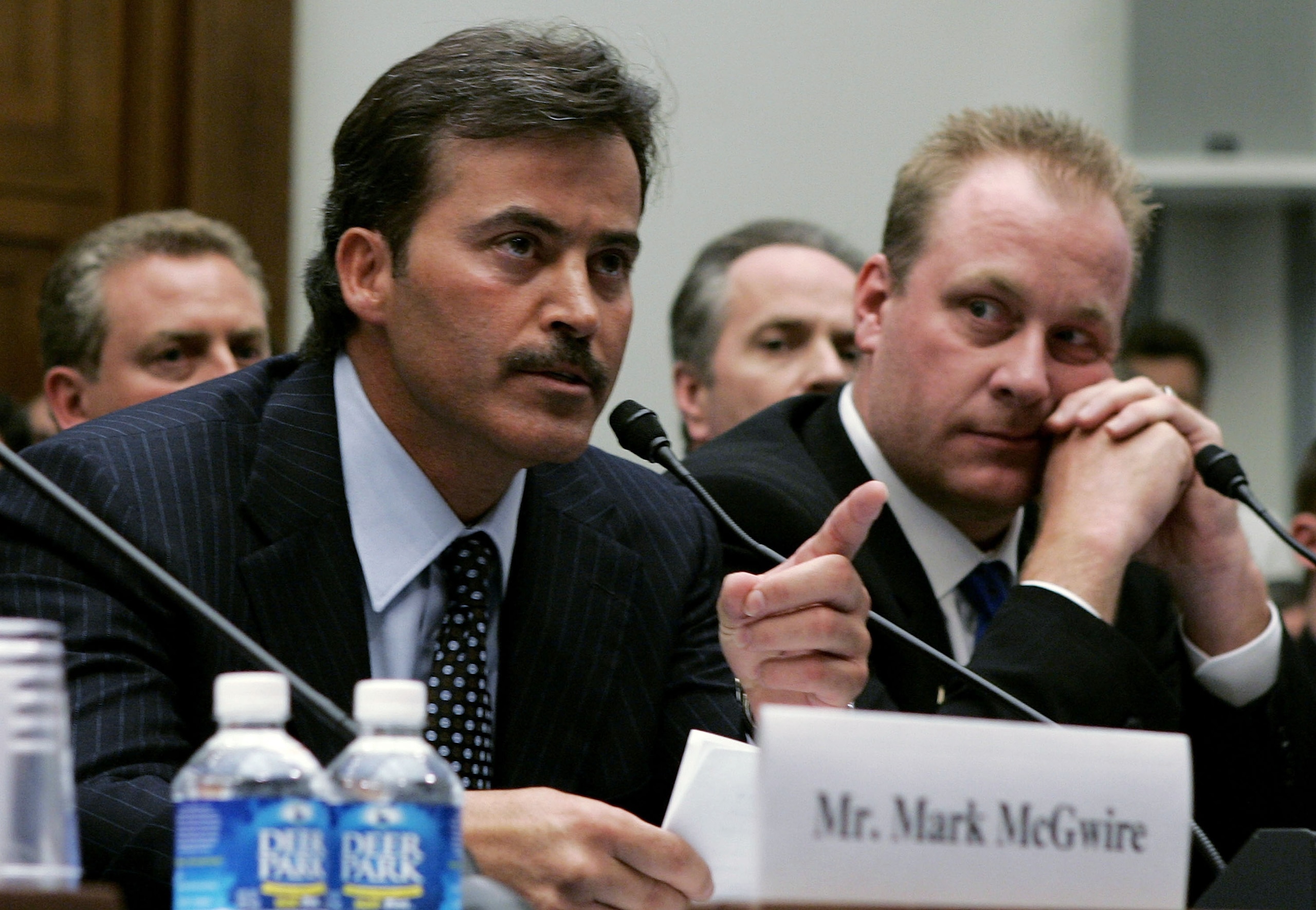 WASHINGTON - MARCH 17:  Baltimore Oriole Rafael Palmeiro testifies as Boston Red Sox pitcher Curt Schilling listens during a House Committe session investigating Major League Baseball's effort to eradicate steroid use on Capitol Hill March 17, 2005 in Was