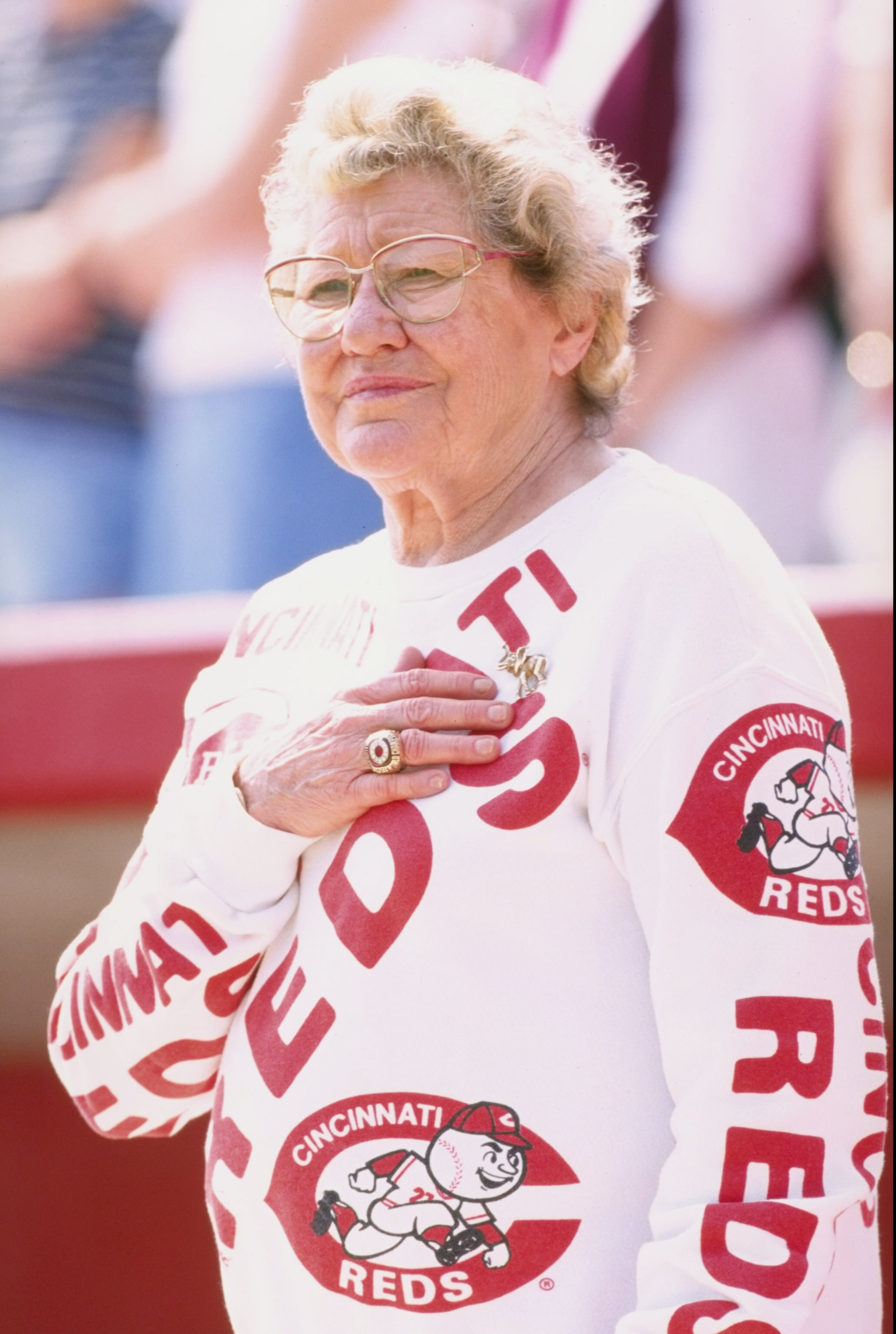 1 Mar 1998:  Cincinnati Reds owner Marge Schott looks on during a spring training game against the Texas Rangers at the Ed Smith Stadium in Sarasota, Florida. The Rangers defeated the Reds 12-9. Mandatory Credit: Tom Hauck  /Allsport