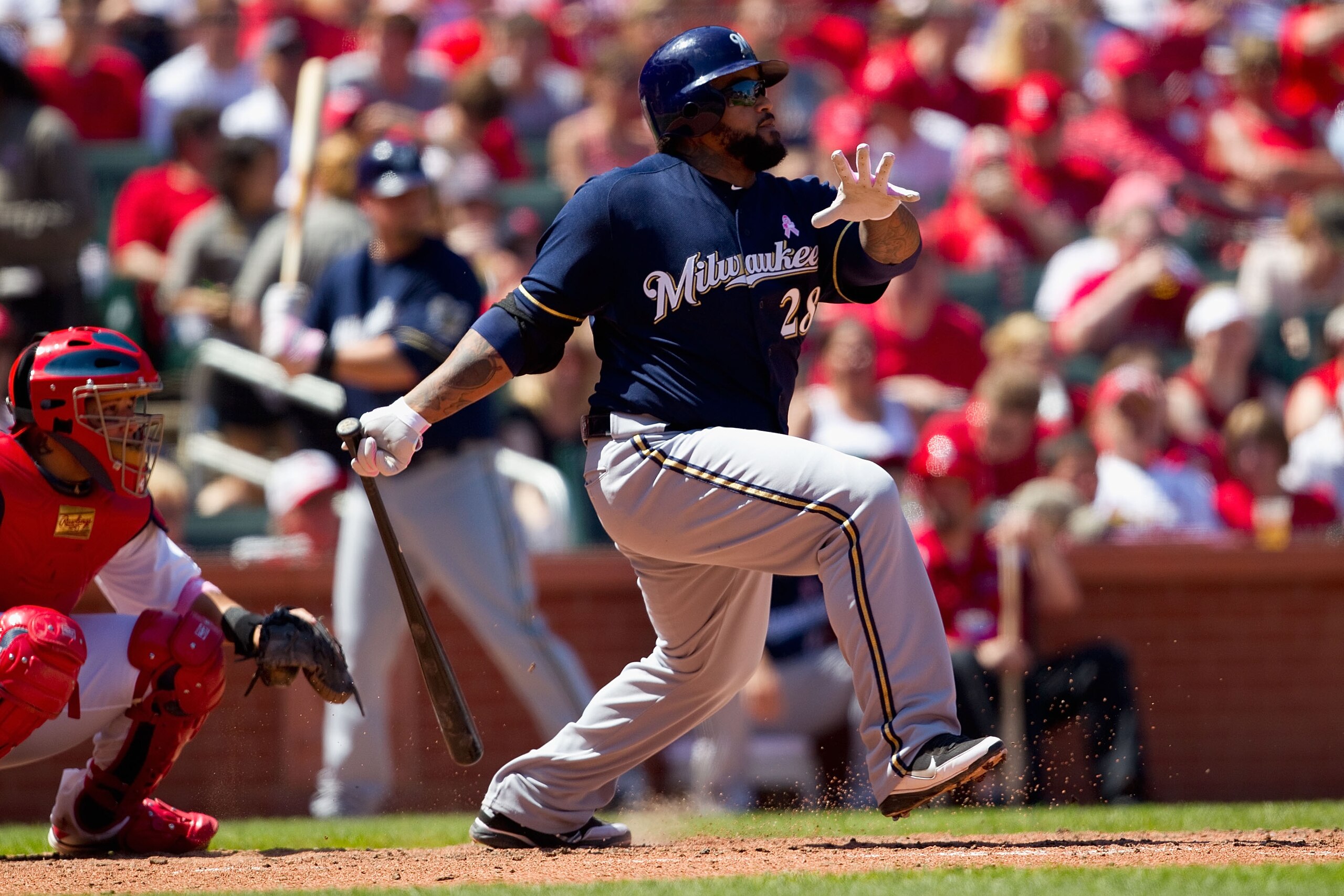 ST. LOUIS, MO - MAY 8: Prince Fielder #28 of the Milwaukee Brewers hits a single against the St. Louis Cardinals at Busch Stadium on May 8, 2011 in St. Louis, Missouri.  (Photo by Dilip Vishwanat/Getty Images)
