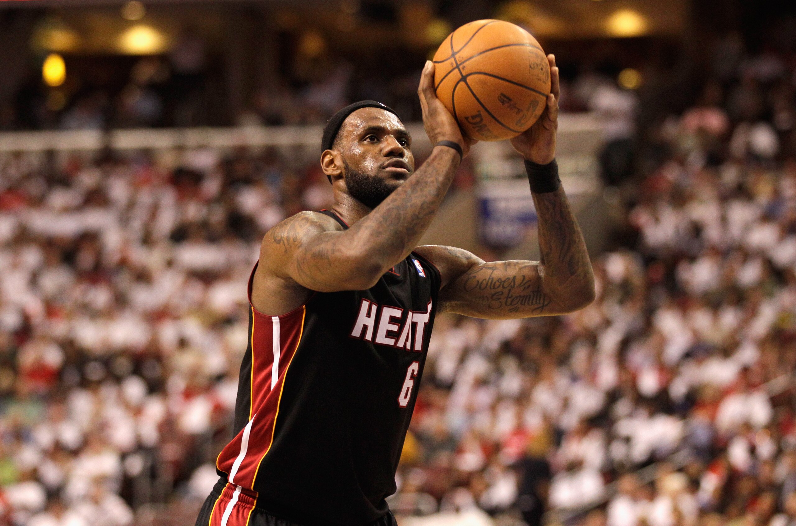 PHILADELPHIA, PA - APRIL 21: LeBron James #6 of the Miami Heat shoots a free throw against the Philadelphia 76ers in Game Three of the Eastern Conference Quarterfinals during the 2011 NBA Playoffs at Wells Fargo Center on April 21, 2011 in Philadelphia, P