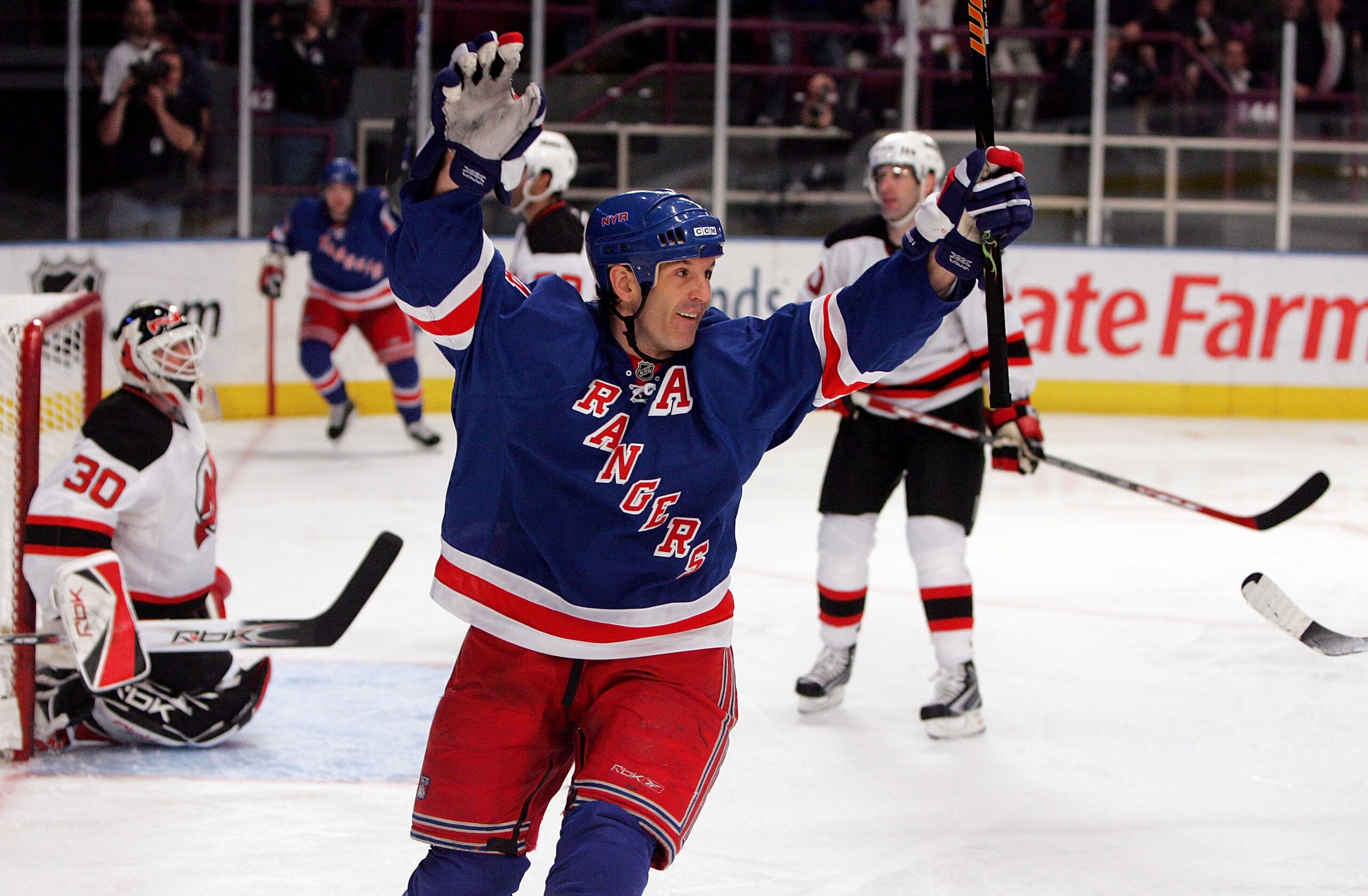NEW YORK - MARCH 27: Brendan Shanahan #14 of the New York Rangers celebrates his second-period goal against Martin Brodeur #30 of the New Jersey Devils on March 27, 2008 at Madison Square Garden in New York City. (Photo by Jim McIsaac/Getty Images) NEW YORK - MARCH 27: Brendan Shanahan #14 of the New York Rangers celebrates his second-period goal against Martin Brodeur #30 of the New Jersey Devils on March 27, 2008 at Madison Square Garden in New York City. (Photo by Jim McIsaac/Getty Images)