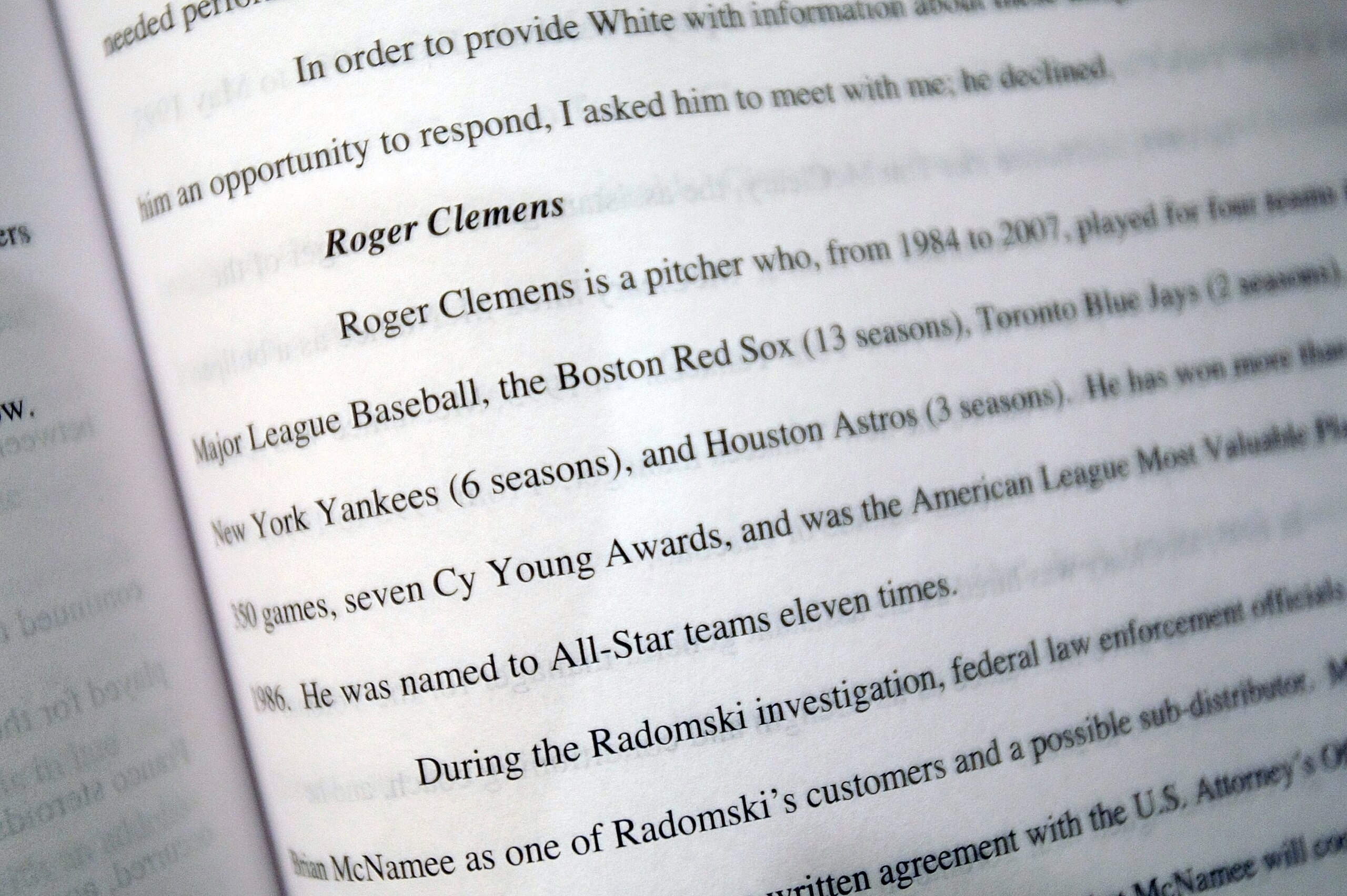 NEW YORK - DECEMBER 13:  A page mentioning All-Star pitcher Roger Clemens is seen in the report released by former Senator George J. Mitchell, the lead investigator in Major League Baseball's steroid scandal, December 13, 2007 in New York City. Mitchell w