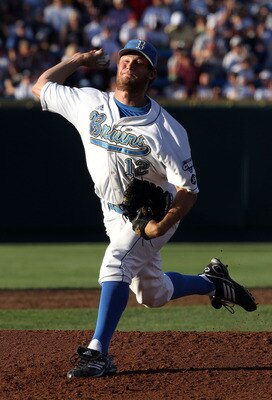 OMAHA, NE - JUNE 28:  Starting pitcher Gerrit Cole #12 of the UCLA Bruins pitches against the South Carolina Gamecocks during Game 1 of the men's 2010 NCAA College Baseball World Series at Rosenblatt Stadium on June 28, 2010 in Omaha, Nebraska.  (Photo by