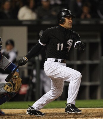 CHICAGO, IL - MAY 16: Omar Vizquel #11 of the Chicago White Sox gets one of five White Sox hits in a loss to the Texas Rangers at U.S. Cellular Field on May 16, 2011 in Chicago, Illinois. The Rangers defeated the White Sox 4-0. (Photo by Jonathan Daniel/G