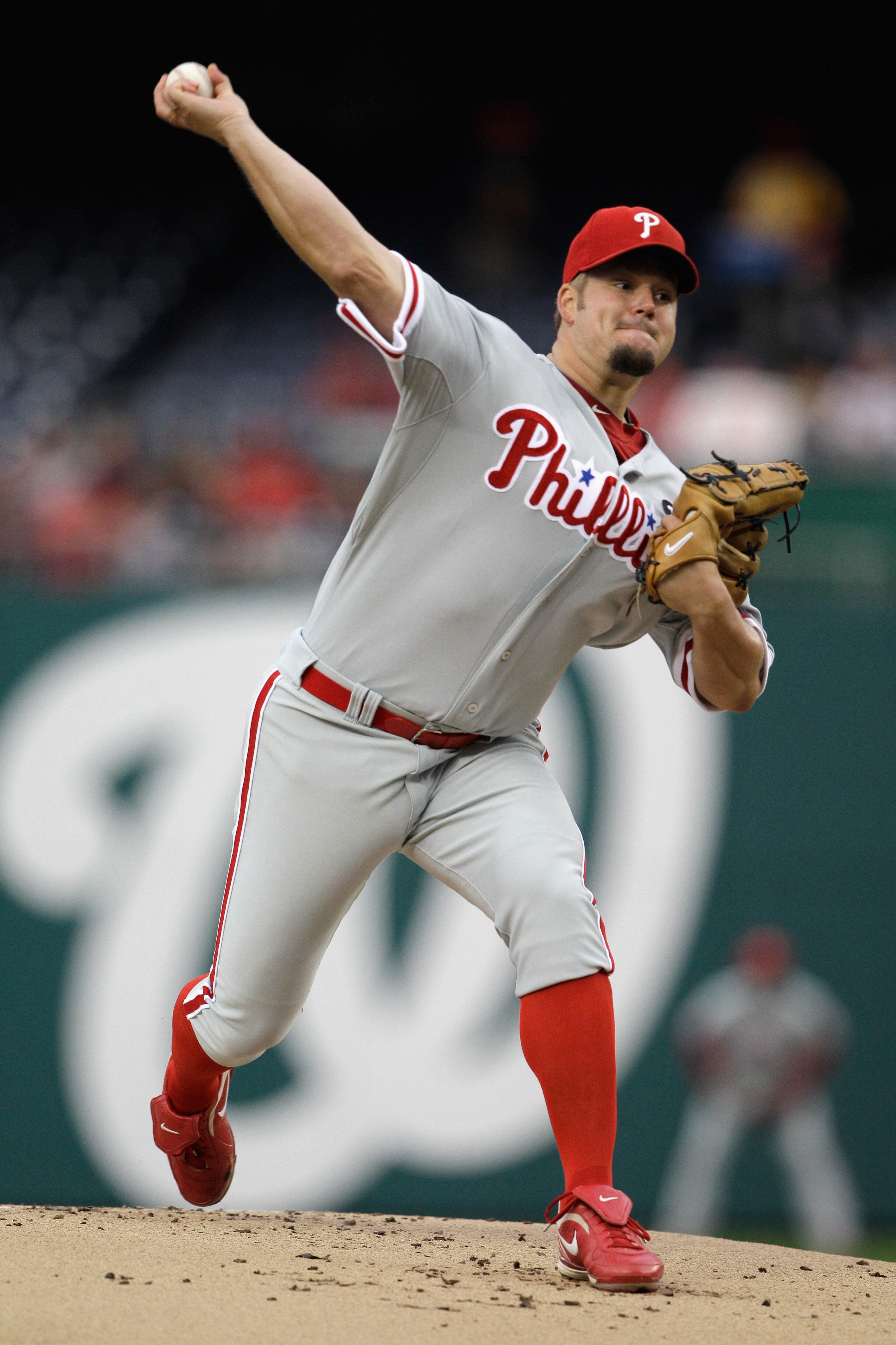 WASHINGTON, DC - APRIL 12: Pitcher Joe Blanton #56 of the Philadelphia Phillies delivers to a Washington Nationals batter at Nationals Park on April 12, 2011 in Washington, DC. (Photo by Rob Carr/Getty Images)