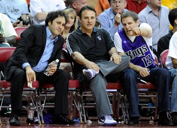 LAS VEGAS - OCTOBER 13:  (L-R) Brothers George Maloof, Gavin Maloof and Joe Maloof watch a preseason game between the Sacramento Kings and the Los Angeles Lakers at the Thomas & Mack Center October 13, 2010 in Las Vegas, Nevada. The Lakers won 98-95. NOTE
