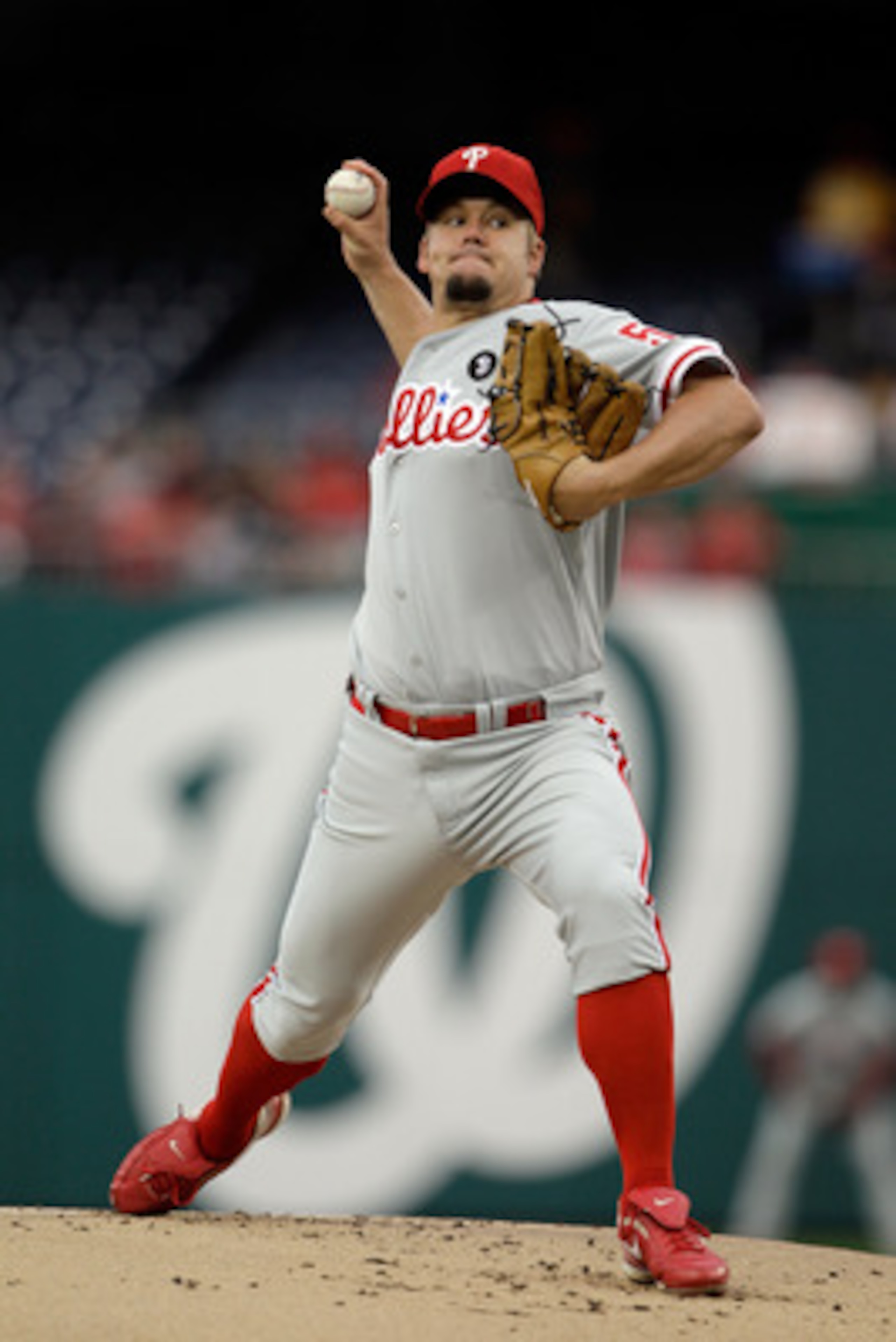 WASHINGTON, DC - APRIL 12: Pitcher Joe Blanton #56 of the Philadelphia Phillies delivers to a Washington Nationals batter at Nationals Park on April 12, 2011 in Washington, DC. (Photo by Rob Carr/Getty Images)