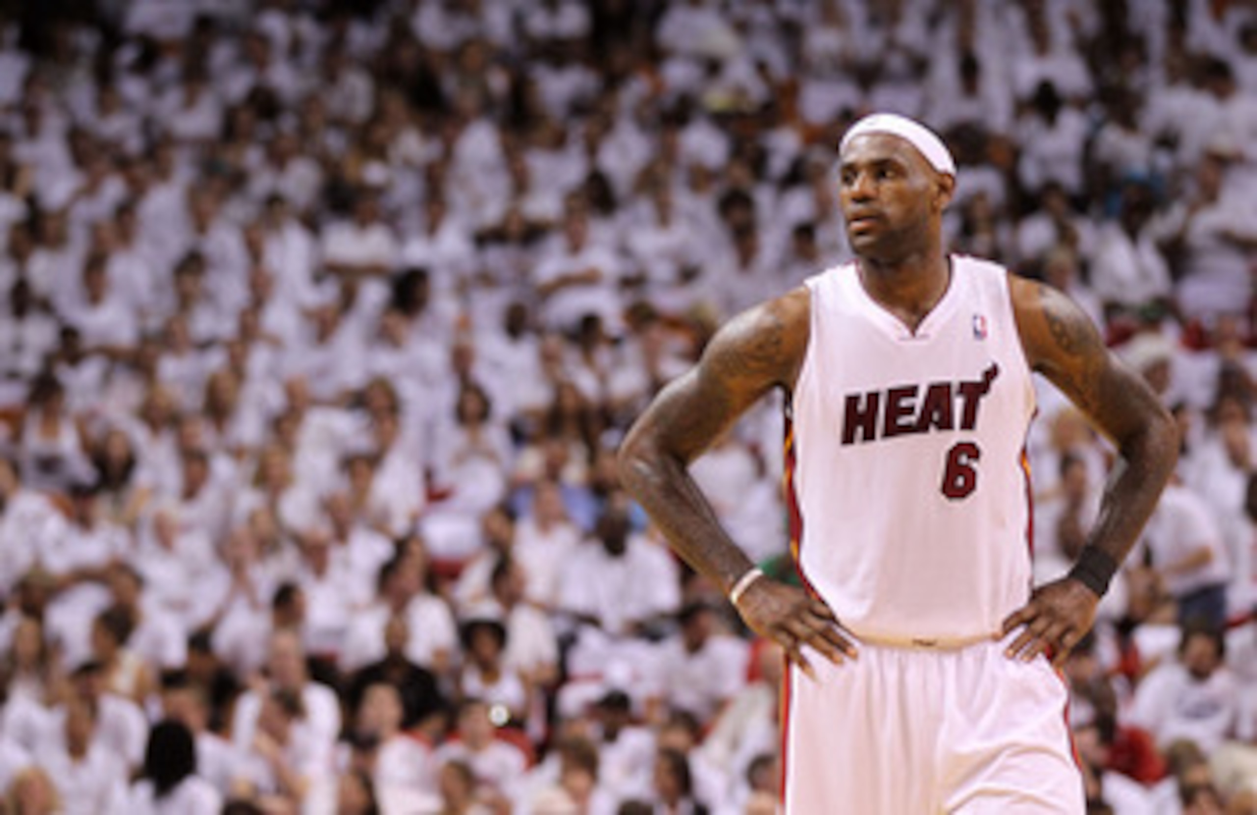 MIAMI, FL - MAY 22:  LeBron James #6 of the Miami Heat looks on against the Chicago Bulls in Game Three of the Eastern Conference Finals during the 2011 NBA Playoffs on May 22, 2011 at American Airlines Arena in Miami, Florida.  NOTE TO USER: User express