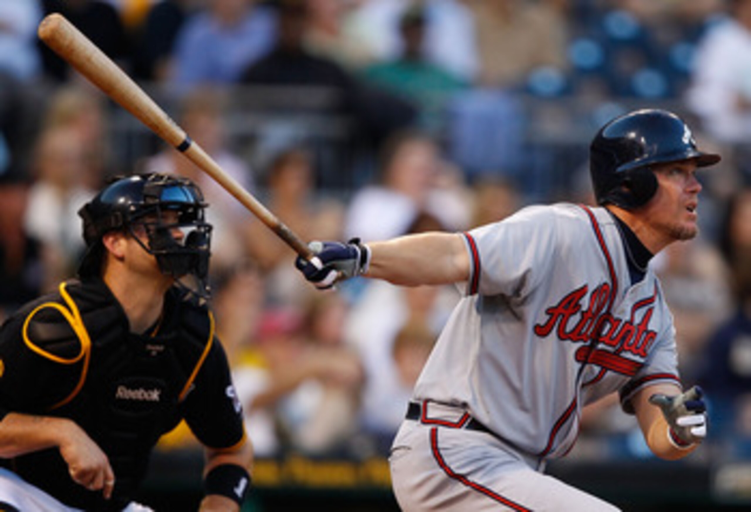 PITTSBURGH - MAY 24:  Chipper Jones #10 of the Atlanta Braves hits a double against the Pittsburgh Pirates during the game on May 24, 2011 at PNC Park in Pittsburgh, Pennsylvania.  (Photo by Jared Wickerham/Getty Images)