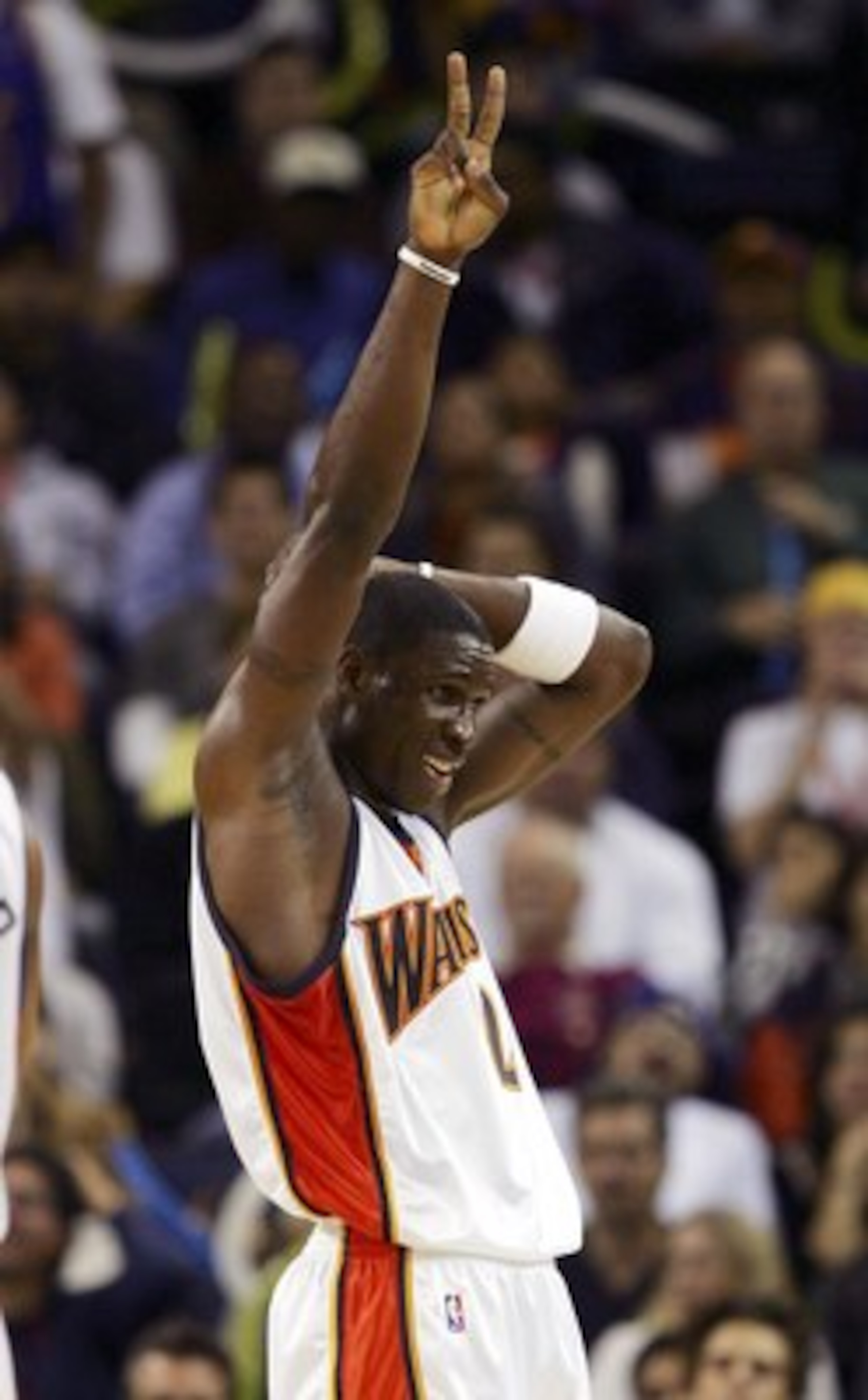 OAKLAND, CA - NOVEMBER 16:  Mickael Pietrus #2 of the Golden State Warriors celebrates after scoring against the Sacramento Kings on November 16, 2006 at Oracle Arena in Oakland, California. NOTE TO USER: User expressly acknowledges and agrees that, by do