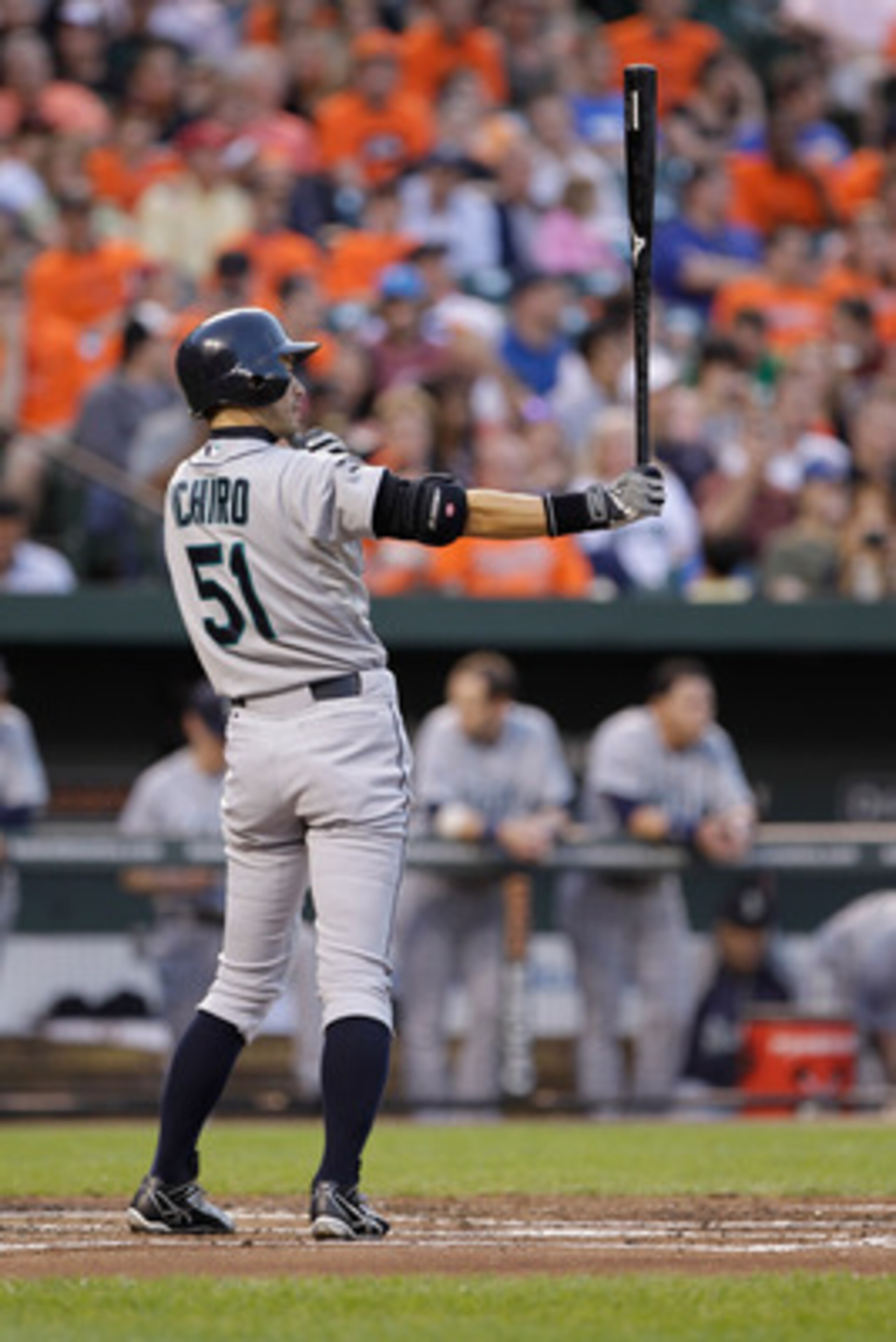 BALTIMORE, MD - MAY 12:  Ichiro Suzuki #51 of the Seattle Mariners in action against the Baltimore Orioles at Oriole Park at Camden Yards on May 12, 2011 in Baltimore, Maryland.  (Photo by Rob Carr/Getty Images)