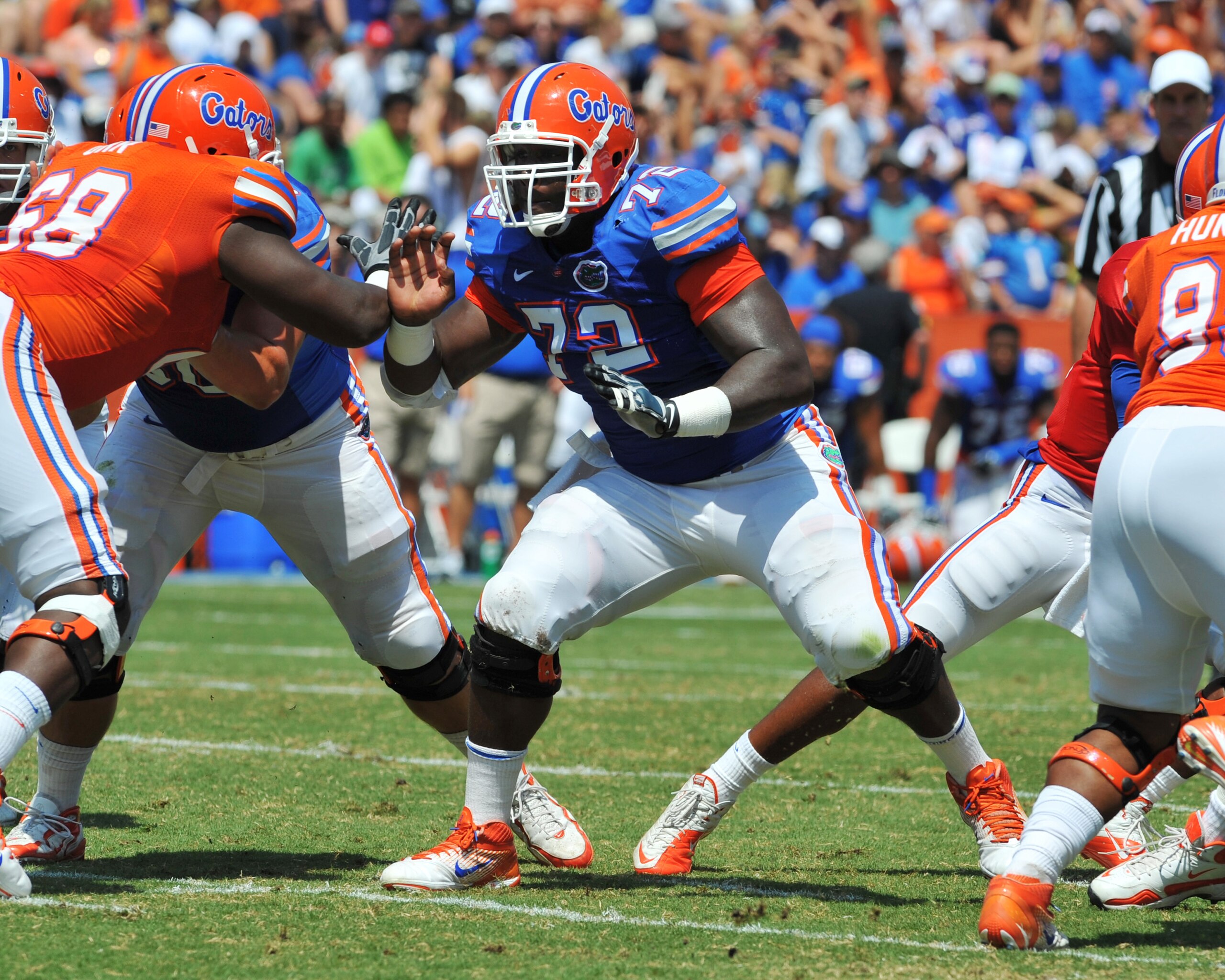 GAINESVILLE, FL - APRIL 9:  Center Jonotthan Harrison #72 of the Florida Gators set for play during the Orange and Blue spring football game April 9, 2011 at Ben Hill Griffin Stadium in Gainesville, Florida.  (Photo by Al Messerschmidt/Getty Images)
