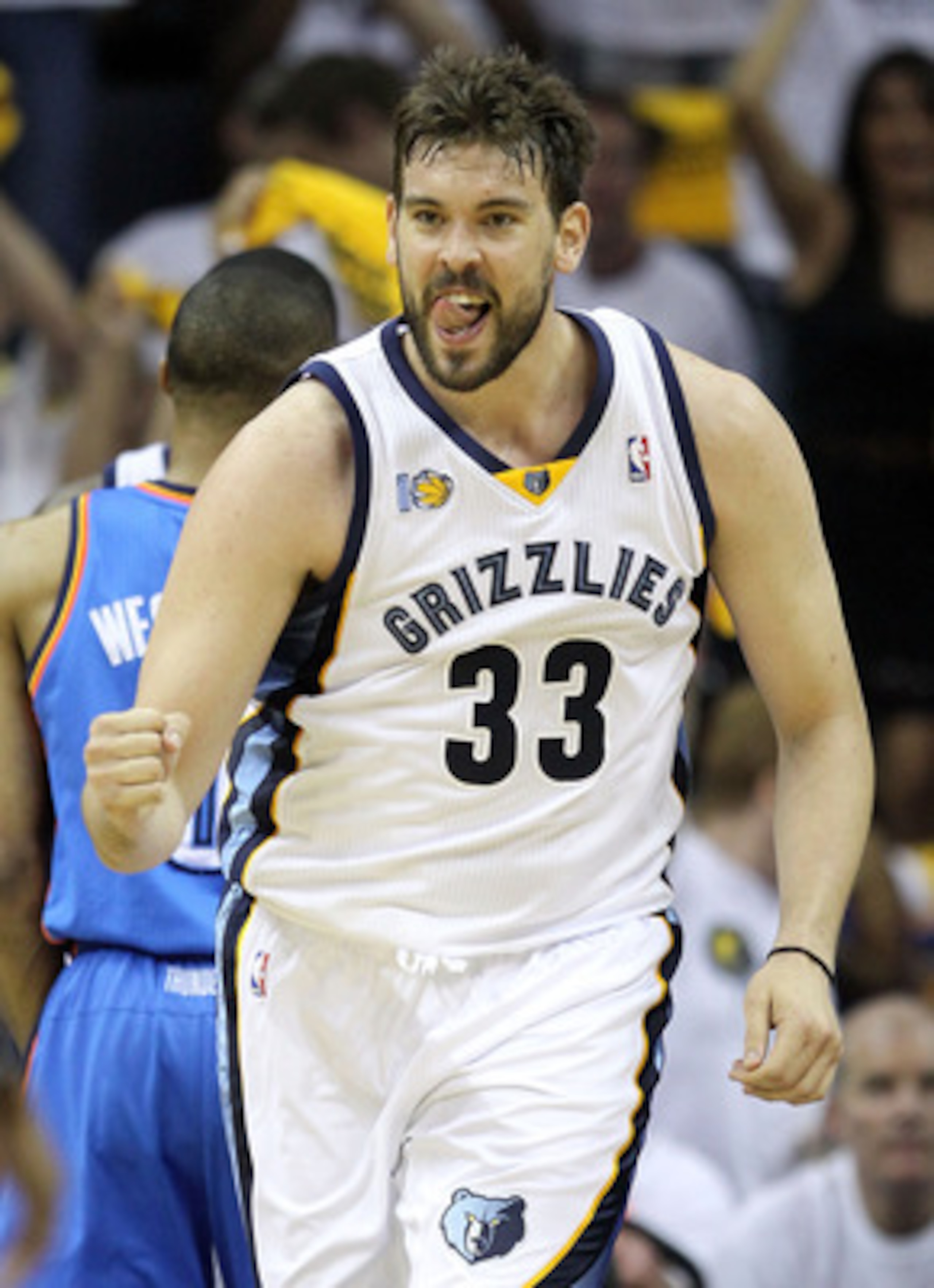 MEMPHIS, TN - MAY 09: Marc Gasol #33 of the Memphis Grizzlies celebrates during the game against the Oklahoma City Thunder in Game Four of the Western Conference Semifinals in the 2011 NBA Playoffs at FedExForum on May 9, 2011 in Memphis, Tennessee. NOTE MEMPHIS, TN - MAY 09: Marc Gasol #33 of the Memphis Grizzlies celebrates during the game against the Oklahoma City Thunder in Game Four of the Western Conference Semifinals in the 2011 NBA Playoffs at FedExForum on May 9, 2011 in Memphis, Tennessee. NOTE