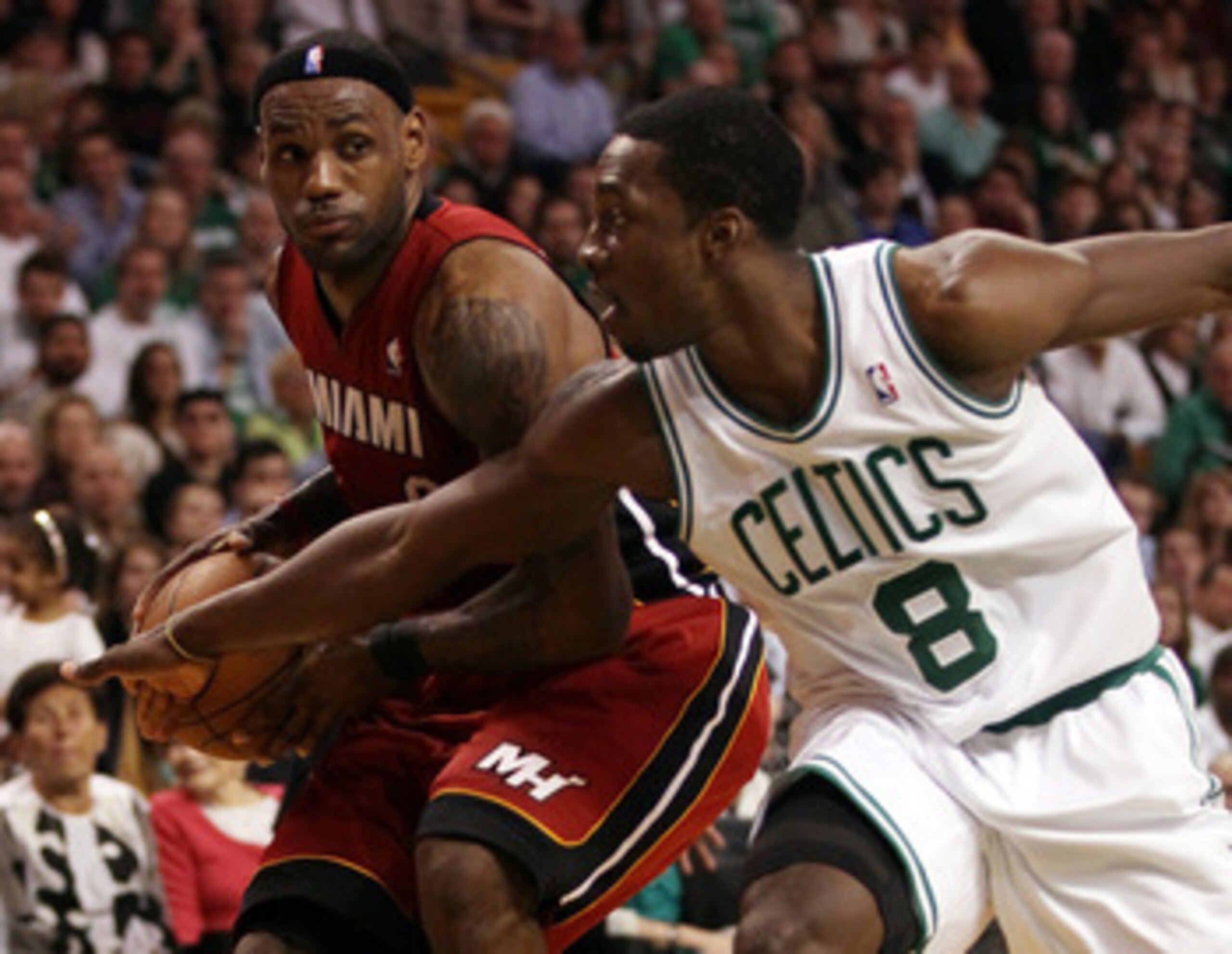 BOSTON, MA - MAY 07: Jeff Green #8 of the Boston Celtics tries to get the ball from LeBron James #6 of the Miami Heat in Game Three of the Eastern Conference Semifinals in the 2011 NBA Playoffs on May 7, 2011 at the TD Garden in Boston, Massachusetts. BOSTON, MA - MAY 07: Jeff Green #8 of the Boston Celtics tries to get the ball from LeBron James #6 of the Miami Heat in Game Three of the Eastern Conference Semifinals in the 2011 NBA Playoffs on May 7, 2011 at the TD Garden in Boston, Massachusetts.