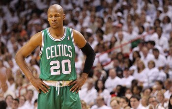 MIAMI, FL - MAY 03:  Ray Allen #20 of the Boston Celtics looks on during Game Two of the Eastern Conference Semifinals of the 2011 NBA Playoffs against the Miami Heat at American Airlines Arena on May 3, 2011 in Miami, Florida. NOTE TO USER: User expressl