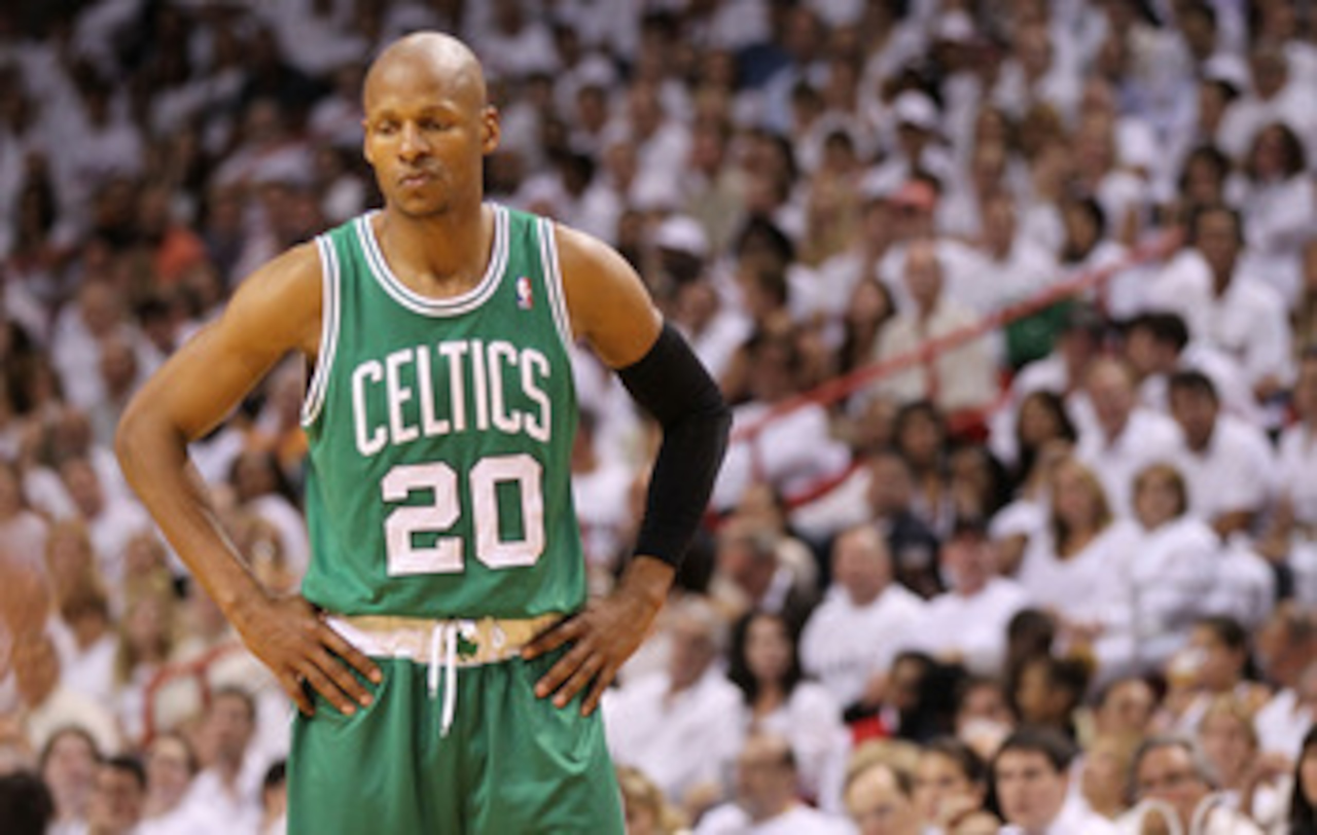MIAMI, FL - MAY 03:  Ray Allen #20 of the Boston Celtics looks on during Game Two of the Eastern Conference Semifinals of the 2011 NBA Playoffs against the Miami Heat at American Airlines Arena on May 3, 2011 in Miami, Florida. NOTE TO USER: User expressl
